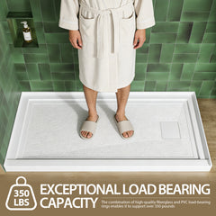 60x32 Inch White Acrylic Shower Base, Right Drain, Non-Slip Surface