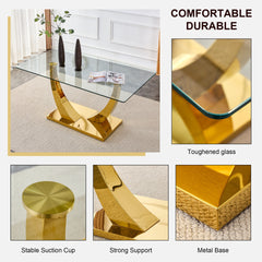 1 table with 4 light gray chairs. Glass dining table. Equipped with 0.39 "tempered glass tabletop and gold-plated metal irregular bracket. Used in kitchens, dining rooms, living rooms.W1151S00655