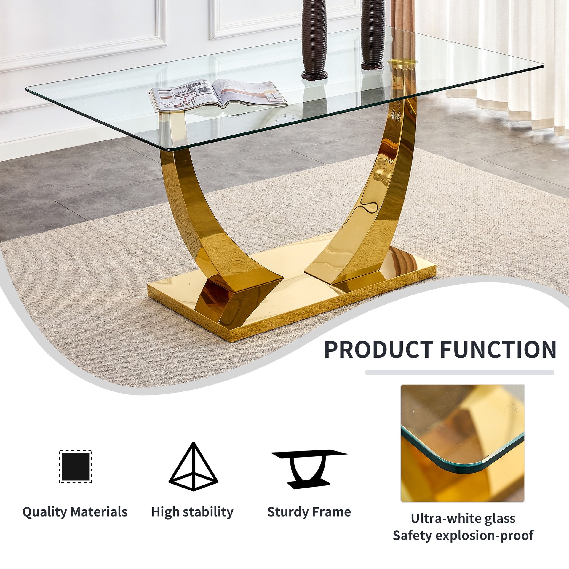 1 table with 4 light gray chairs. Glass dining table. Equipped with 0.39 "tempered glass tabletop and gold-plated metal irregular bracket. Used in kitchens, dining rooms, living rooms.W1151S00655