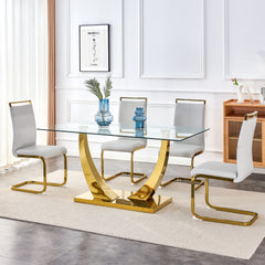 1 table with 4 light gray chairs. Glass dining table. Equipped with 0.39 "tempered glass tabletop and gold-plated metal irregular bracket. Used in kitchens, dining rooms, living rooms.W1151S00655
