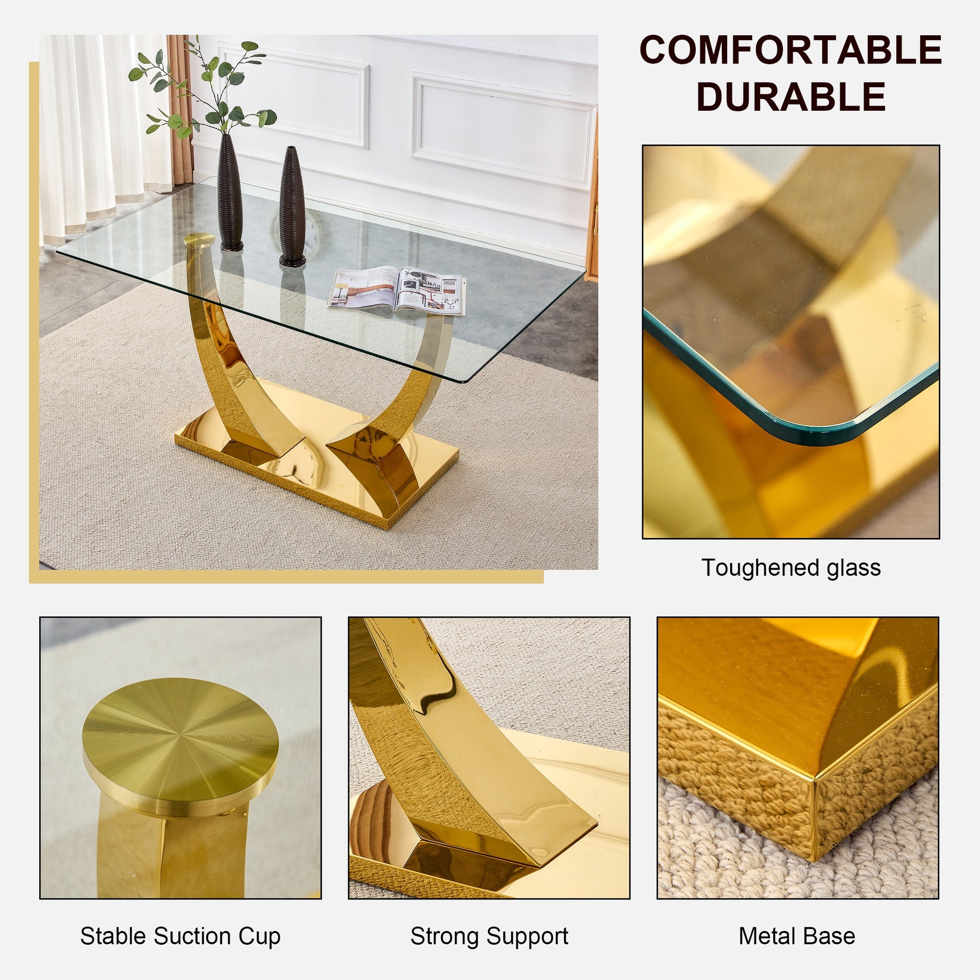 1 table with 4 black chairs. Glass dining table. Equipped with 0.39 "tempered glass tabletop and gold-plated metal irregular bracket. Used in kitchens, dining rooms, living rooms.W1151S00656