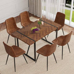 Table and chair set.A retro rectangular dining table with fishbone patterned MDF desktop and black metal legs.Paired With 6 Technology-Fabric Brown Chairs With Curved Widened Cushion Design.