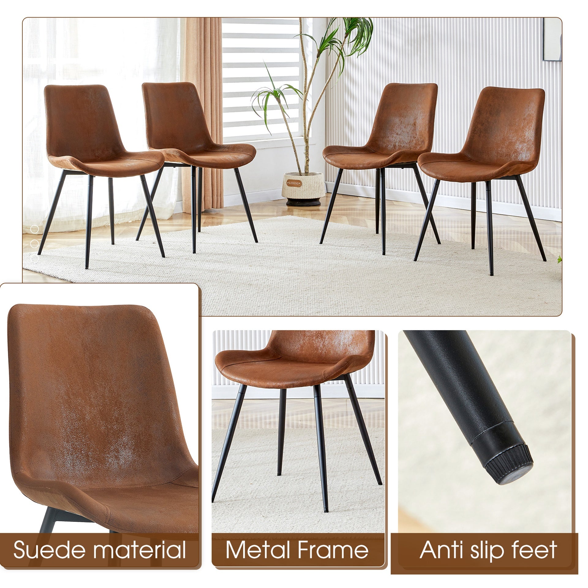 Table and chair set.A retro rectangular dining table with fishbone patterned MDF desktop and black metal legs.Paired With 6 Technology-Fabric Brown Chairs With Curved Widened Cushion Design.