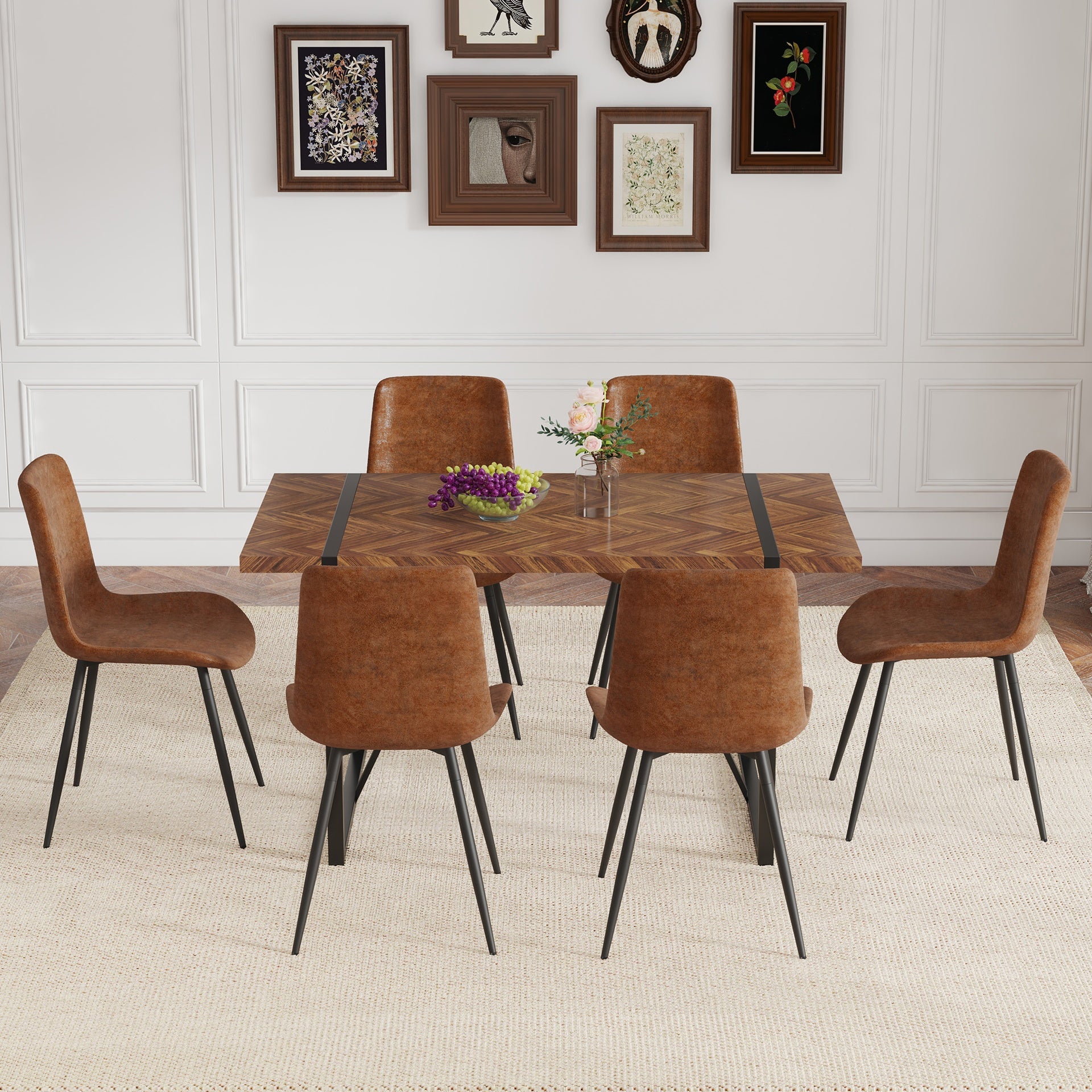 Table and chair set.A retro rectangular dining table with fishbone patterned MDF desktop and black metal legs.Paired With 6 Technology-Fabric Brown Chairs With Curved Widened Cushion Design.