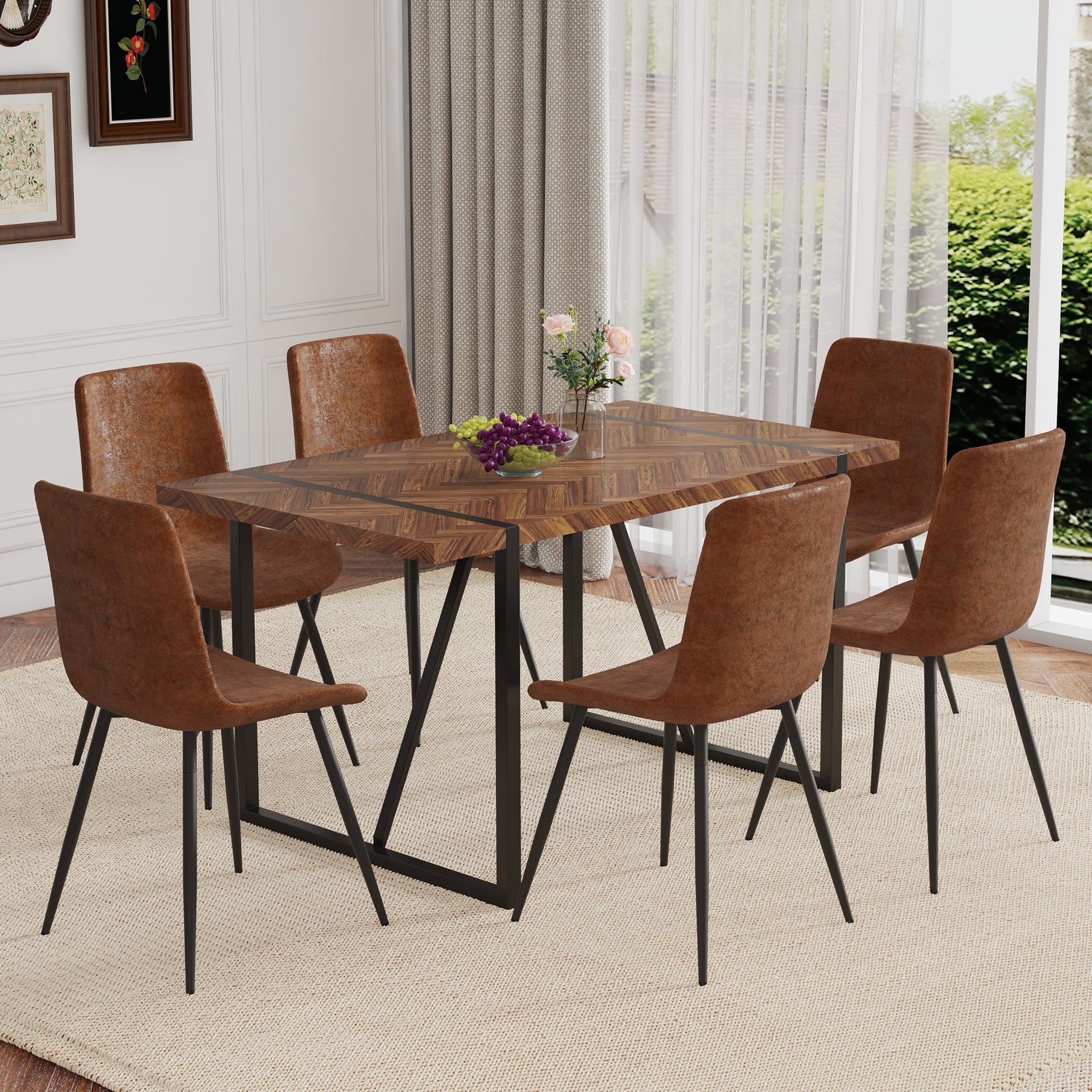 Table and chair set.A retro rectangular dining table with fishbone patterned MDF desktop and black metal legs.Paired With 6 Technology-Fabric Brown Chairs With Curved Widened Cushion Design.