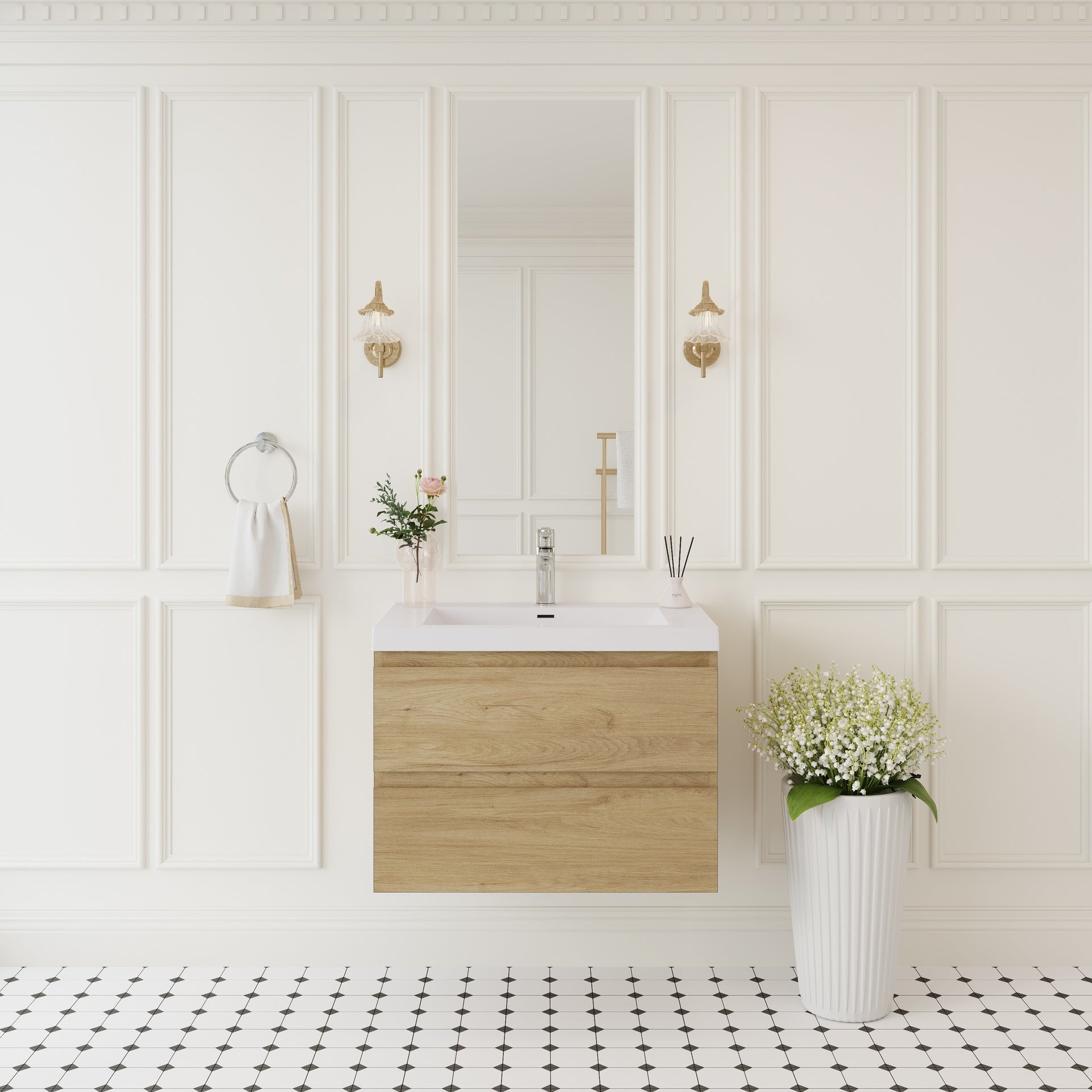 30" Floating Bathroom Vanity with Sink, Wall-Mounted Storage Cabinet with Solid Surface Top Basin and Soft Close Drawers Fully Assembled, Natural Oak 24V11-30NO-W1920P385475