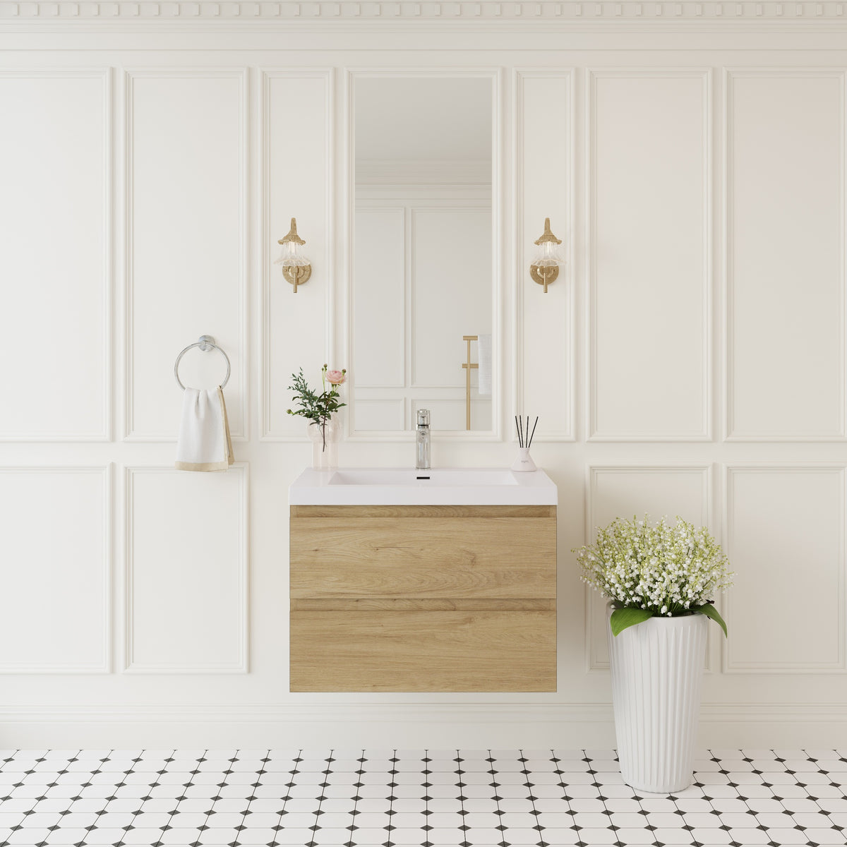 30" Floating Bathroom Vanity with Sink, Wall-Mounted Storage Cabinet with Solid Surface Top Basin and Soft Close Drawers Fully Assembled, Natural Oak 24V11-30NO-W1920P385475