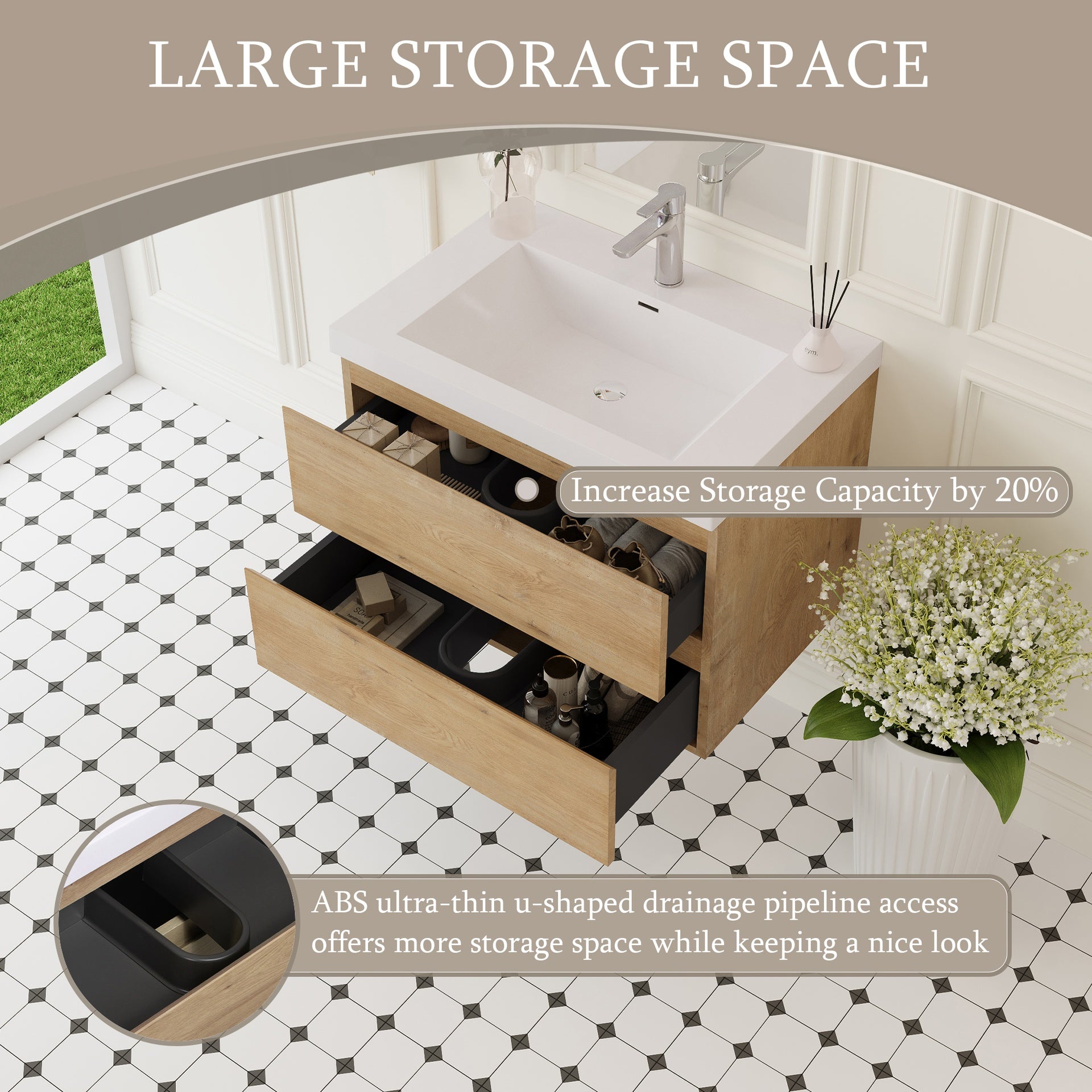 30" Floating Bathroom Vanity with Sink, Wall-Mounted Storage Cabinet with Solid Surface Top Basin and Soft Close Drawers Fully Assembled, Natural Oak 24V11-30NO-W1920P385475