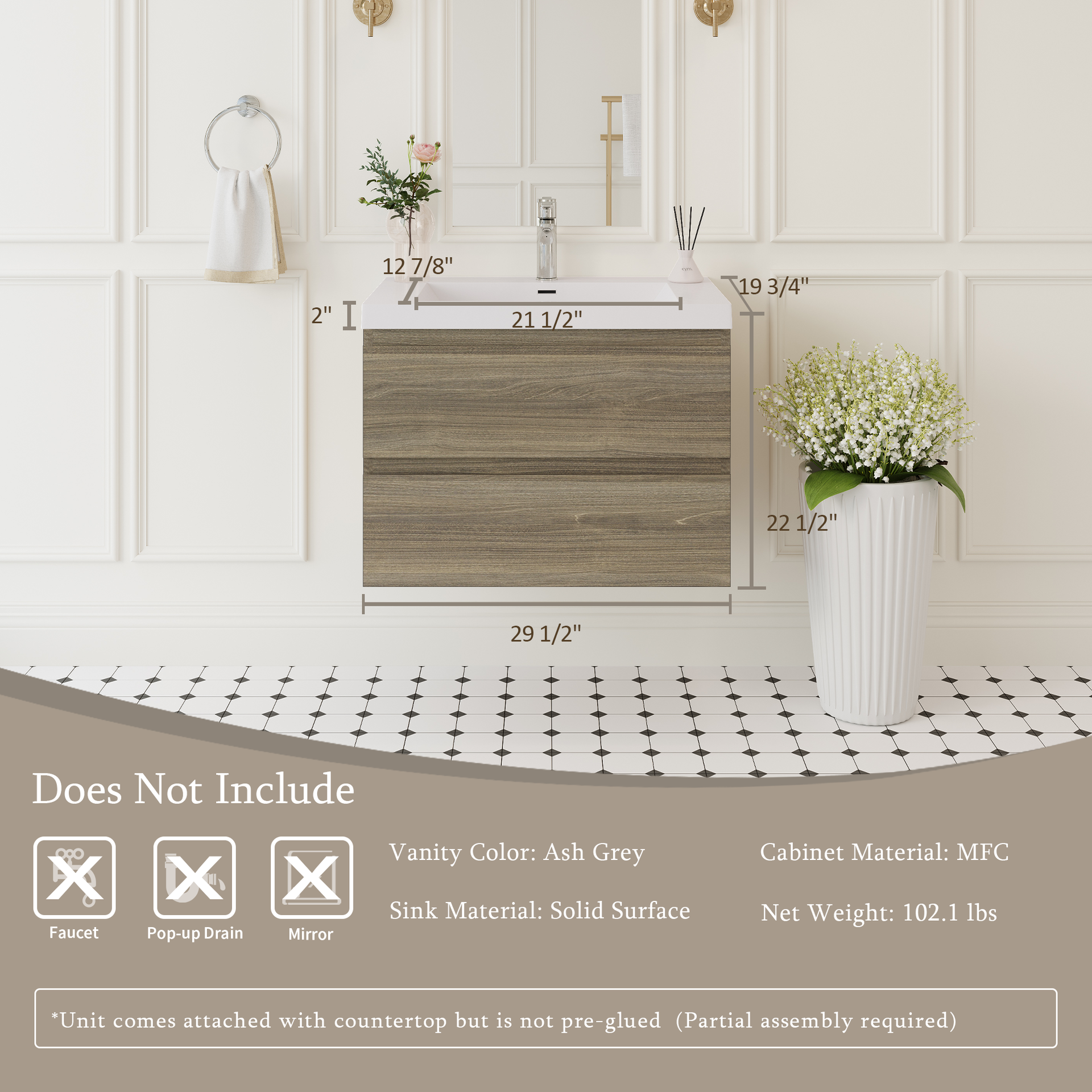 30" Floating Bathroom Vanity with Sink, Wall-Mounted Bathroom Storage Vanity Cabinet with Solid Surface Top Basin and Soft Close Drawers Fully Assembled, Ash Grey 24V11-30AG-W1920P385477