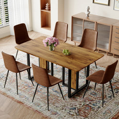 Table and chair set.67"x36" Wood-Textured MDF Dining Table Set with 6 Brown Suede Chairs.MDF sticker,Wood colored texture sticker,Brown armless dining chair,Suitable for kitchen,Dining room,etc.
