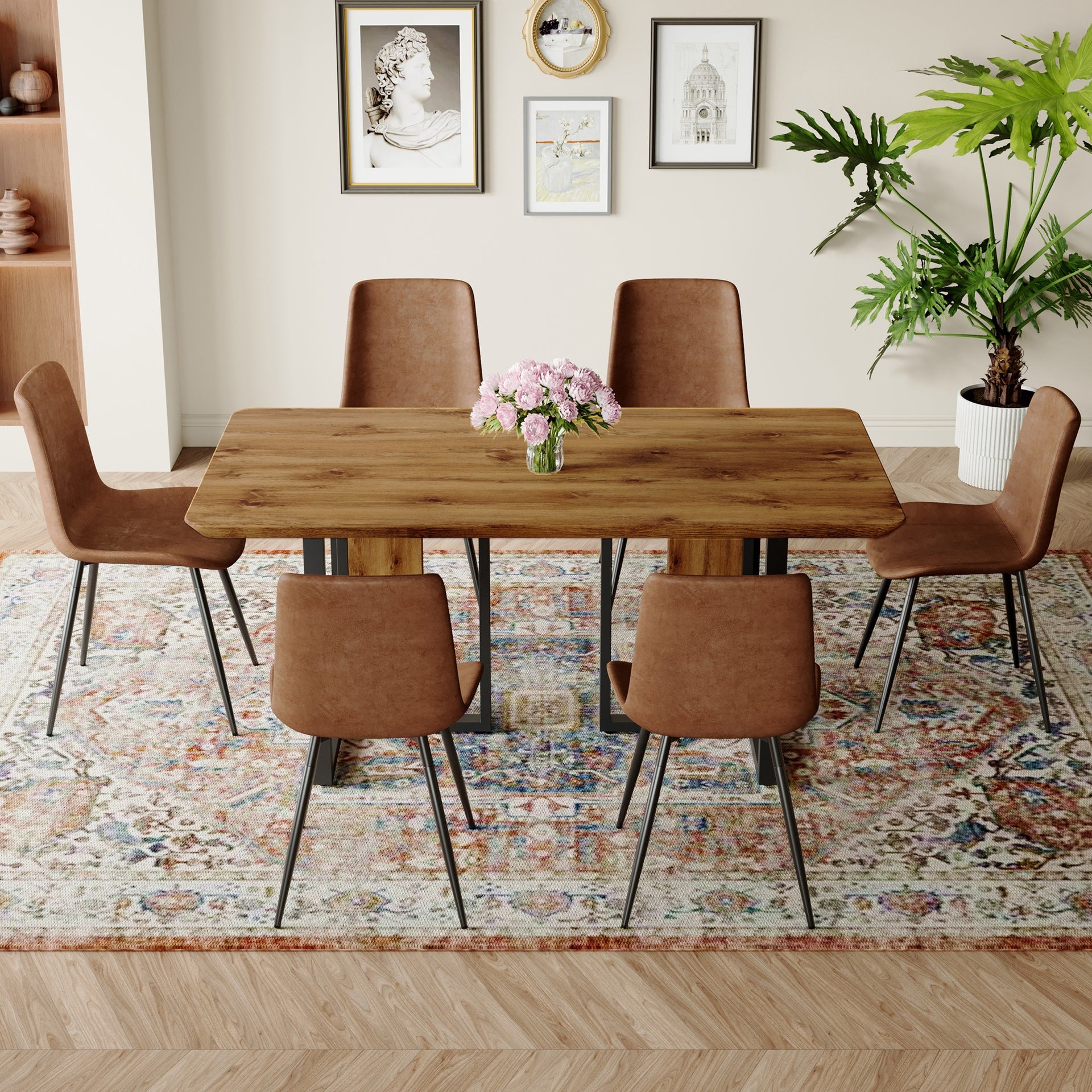 Table and chair set.67"x36" Wood-Textured MDF Dining Table Set with 6 Brown Suede Chairs.MDF sticker,Wood colored texture sticker,Brown armless dining chair,Suitable for kitchen,Dining room,etc.