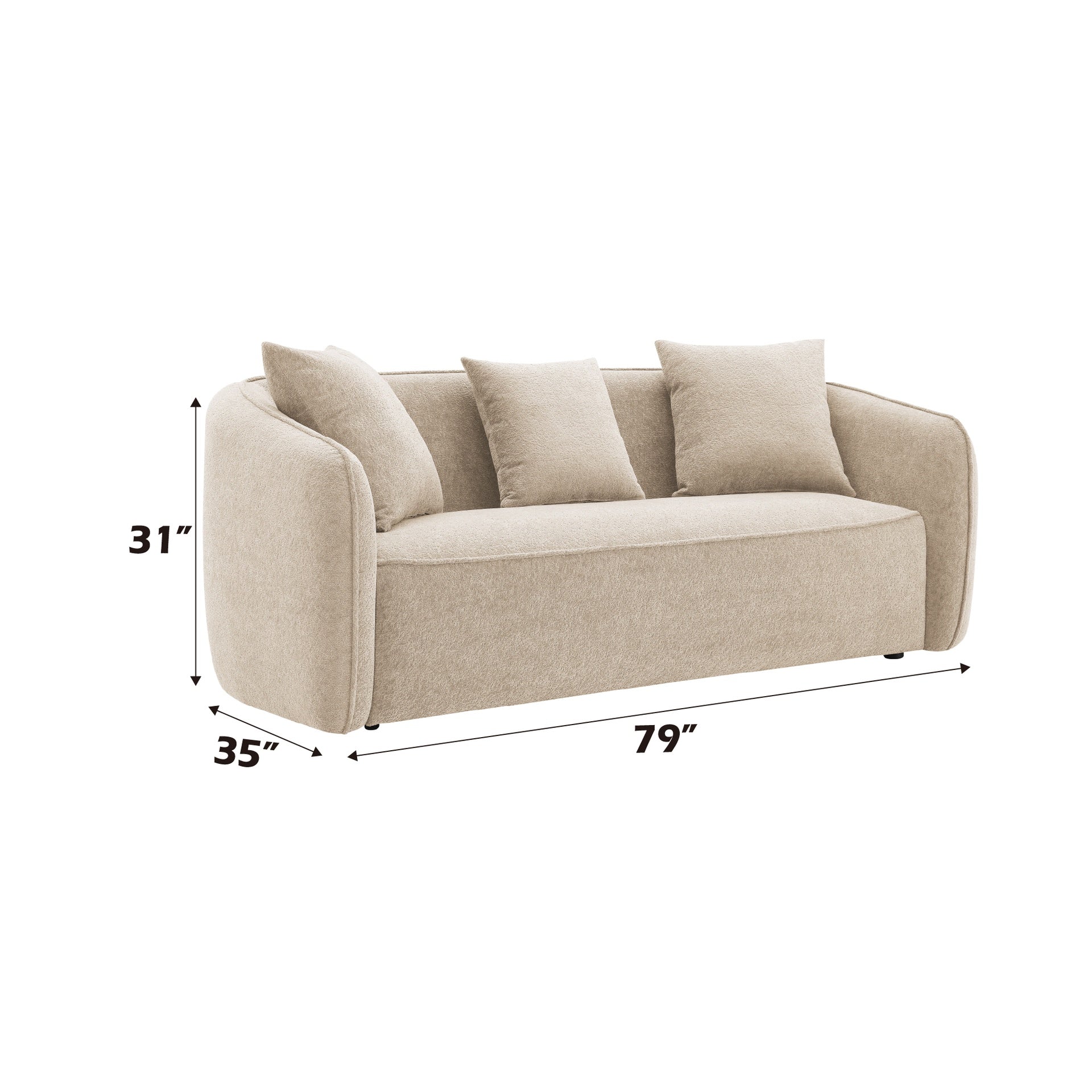 Keith Beige Chenille Sofa with 3 Matching Color Toss Pillows