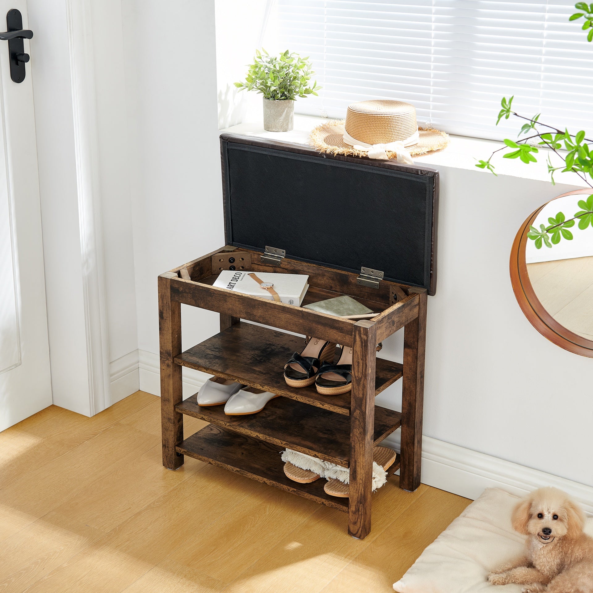 A height-adjustable shoe-changing bench made of high-quality wood, equipped with a comfortable seat and concealed storage space, featuring charcoal-grained wood ,Vintage