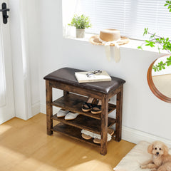 A height-adjustable shoe-changing bench made of high-quality wood, equipped with a comfortable seat and concealed storage space, featuring charcoal-grained wood ,Vintage