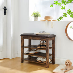 A height-adjustable shoe-changing bench made of high-quality wood, equipped with a comfortable seat and concealed storage space, featuring charcoal-grained wood ,Vintage