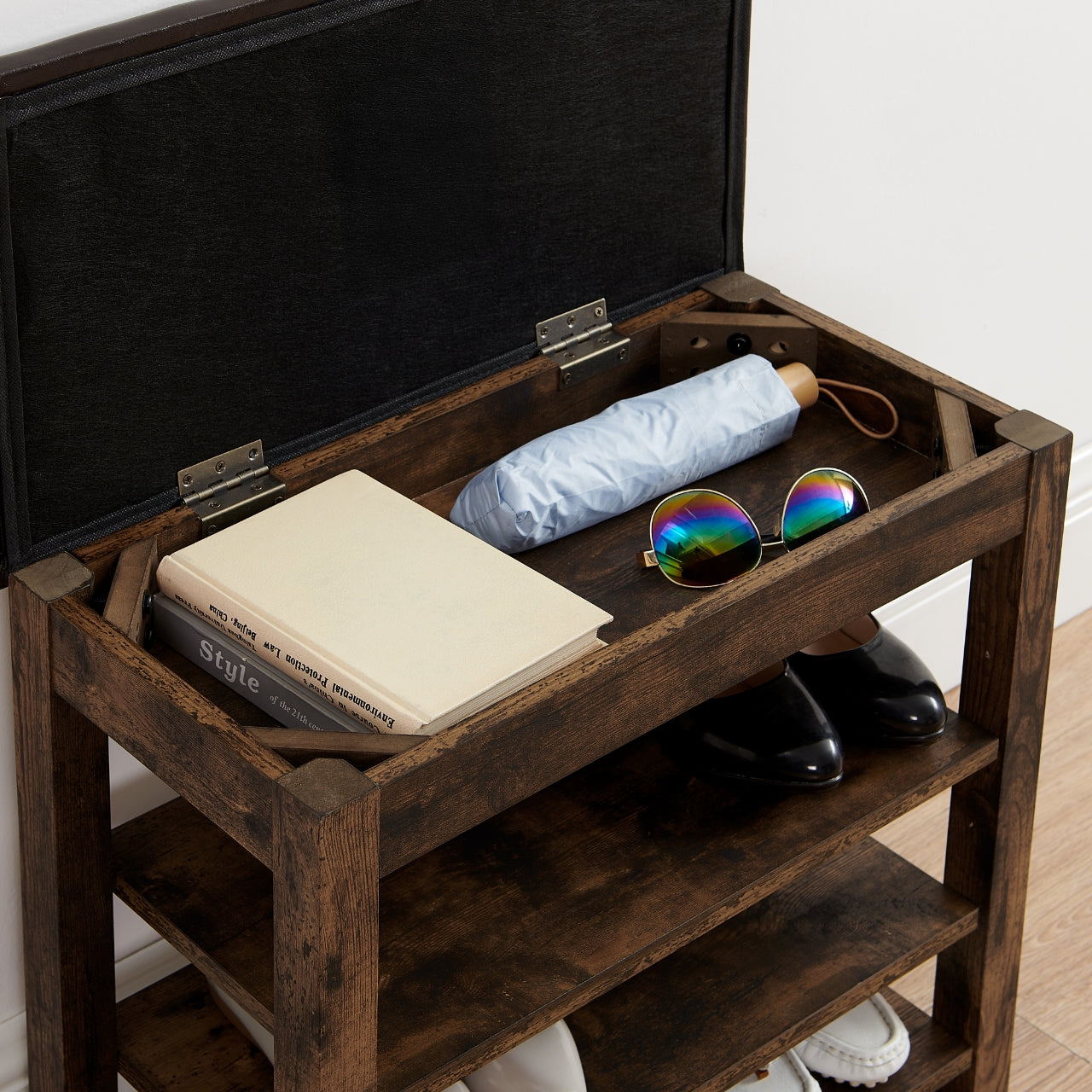 A height-adjustable shoe-changing bench made of high-quality wood, equipped with a comfortable seat and concealed storage space, featuring charcoal-grained wood ,Vintage