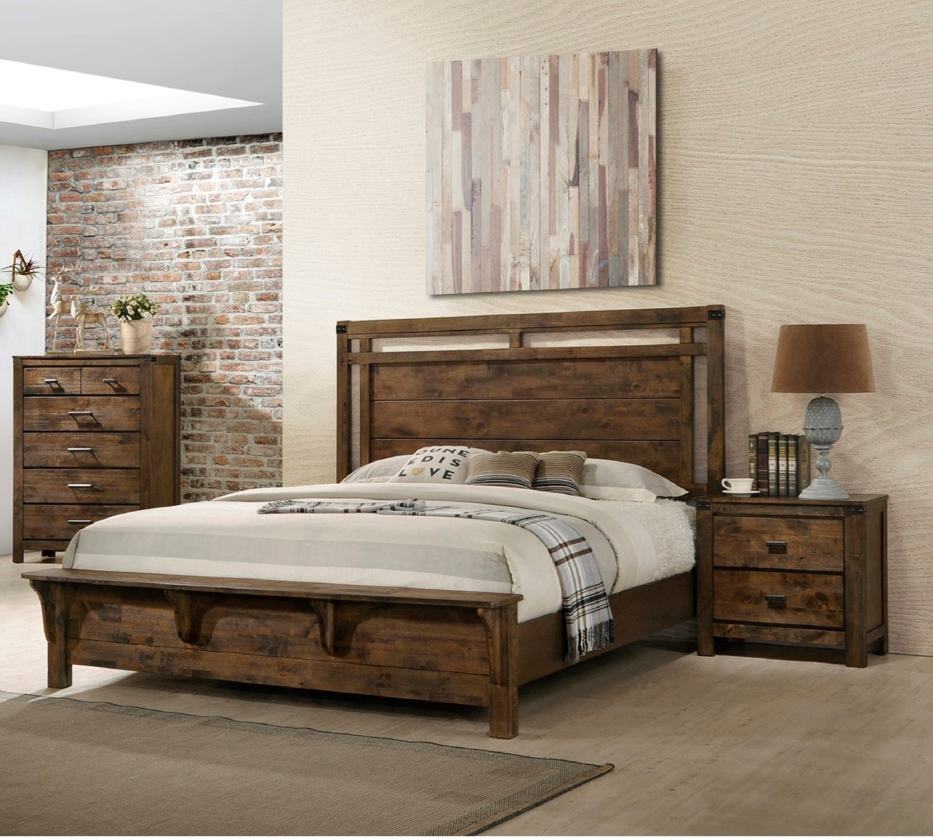 1pc Rustic Industrial Style Brown Finish King Size Panel Bed w Built in Bench Footboard Solid Wood Wooden Bedroom Furniture
