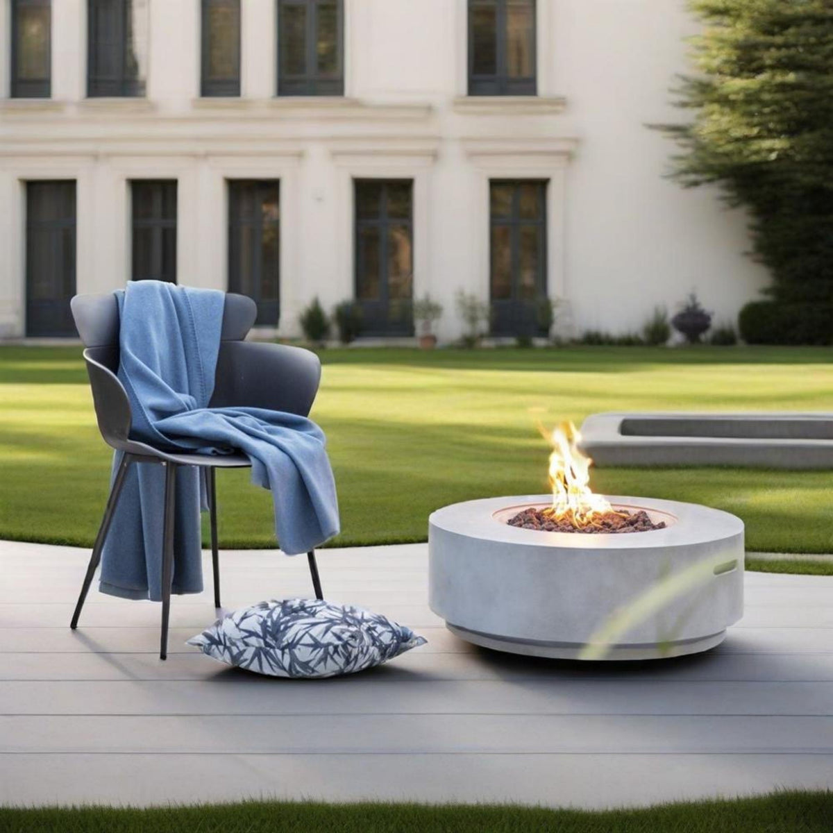 30" Propane Gas Fire Pit Table, 50000 BTU Round Concrete Fire Pit for Outside Patio Deck Garden Backyard- Light Gray