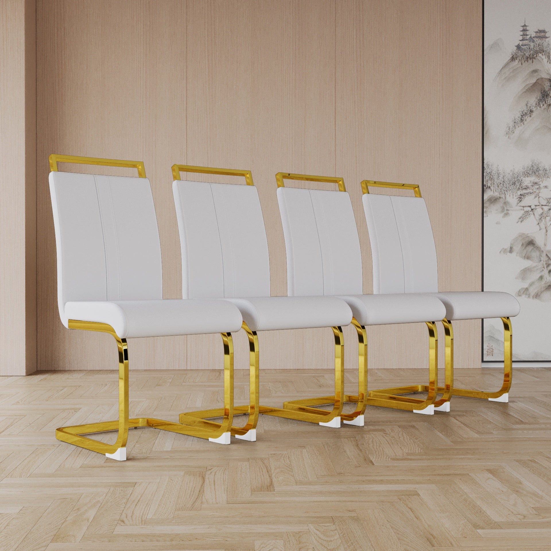 Modern Dining Chairs,PU Faux Leather High Back Upholstered Side Chair with C-shaped Tube. Plating Golden Metal Legs for Dining Room Kitchen Vanity Patio Club Guest Office Chair (Set of 4) (White+PU)