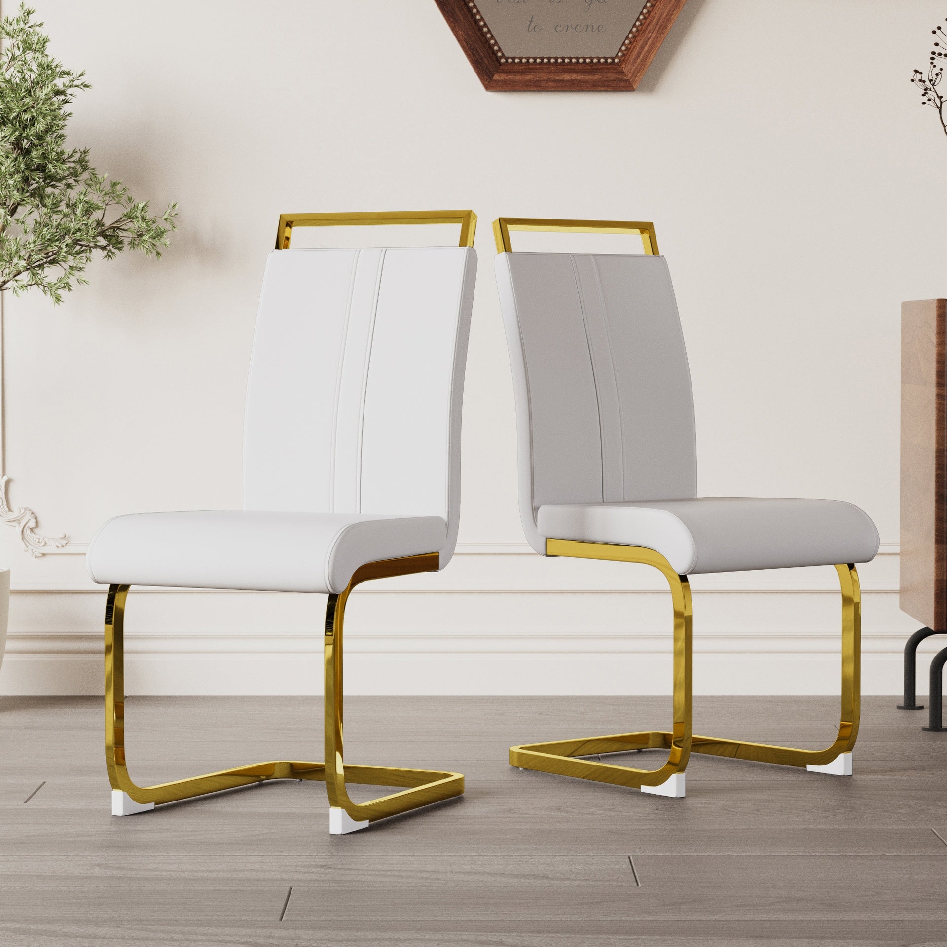 Modern Dining Chairs,PU Faux Leather High Back Upholstered Side Chair with C-shaped Tube. Plating Golden Metal Legs for Dining Room Kitchen Vanity Patio Club Guest Office Chair (Set of 4) (White+PU)