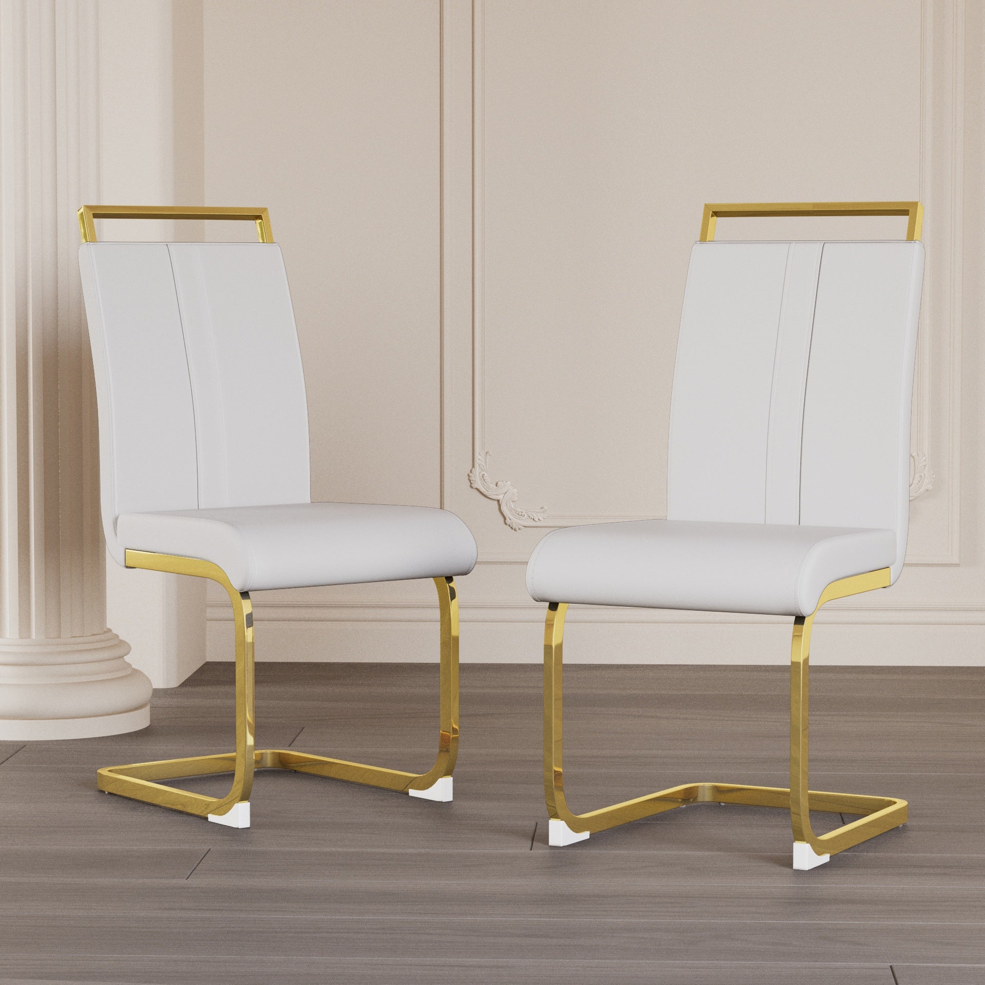 Modern Dining Chairs,PU Faux Leather High Back Upholstered Side Chair with C-shaped Tube. Plating Golden Metal Legs for Dining Room Kitchen Vanity Patio Club Guest Office Chair (Set of 4) (White+PU)