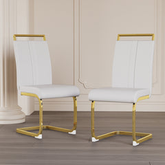 Modern Dining Chairs,PU Faux Leather High Back Upholstered Side Chair with C-shaped Tube. Plating Golden Metal Legs for Dining Room Kitchen Vanity Patio Club Guest Office Chair (Set of 4) (White+PU)