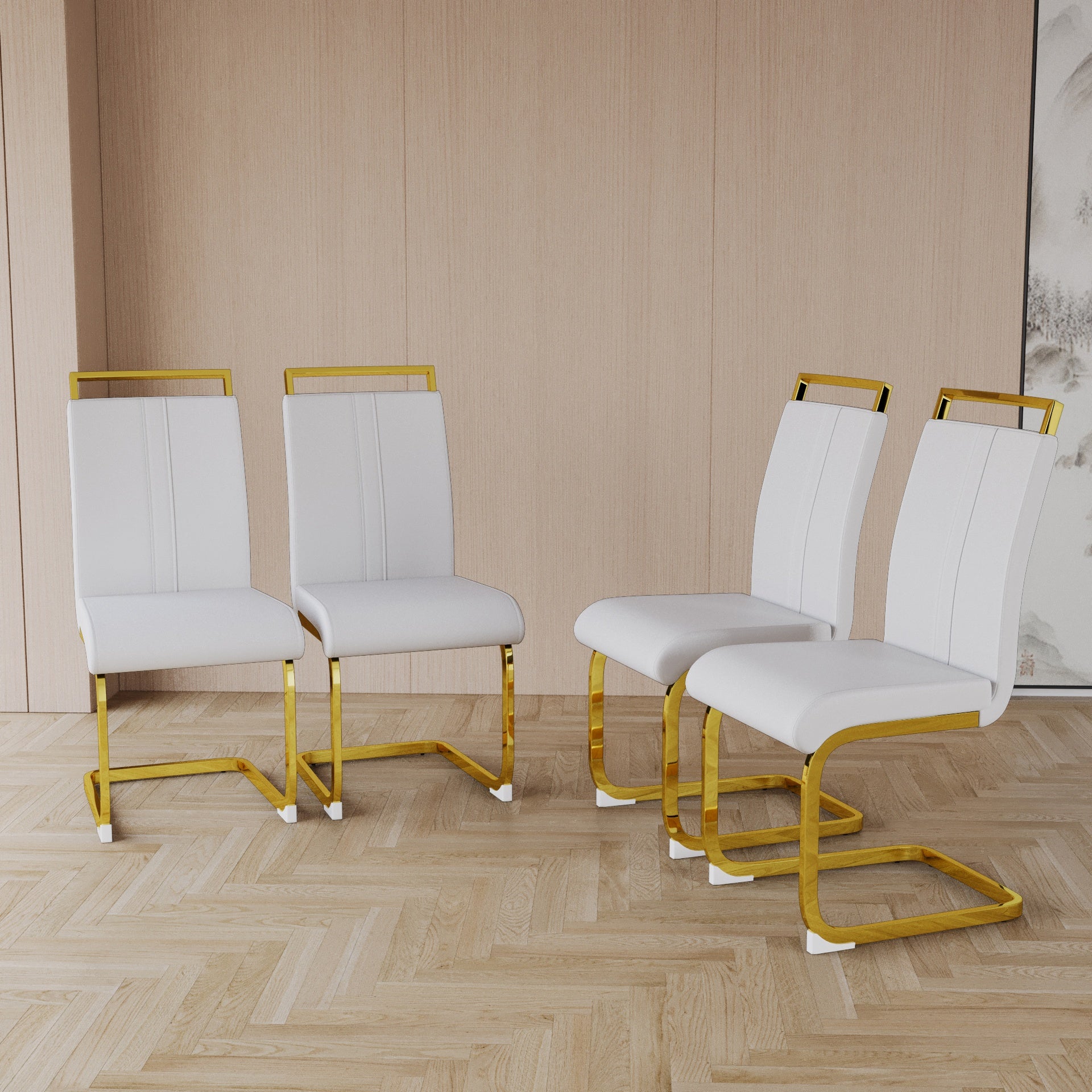 Modern Dining Chairs,PU Faux Leather High Back Upholstered Side Chair with C-shaped Tube. Plating Golden Metal Legs for Dining Room Kitchen Vanity Patio Club Guest Office Chair (Set of 4) (White+PU)