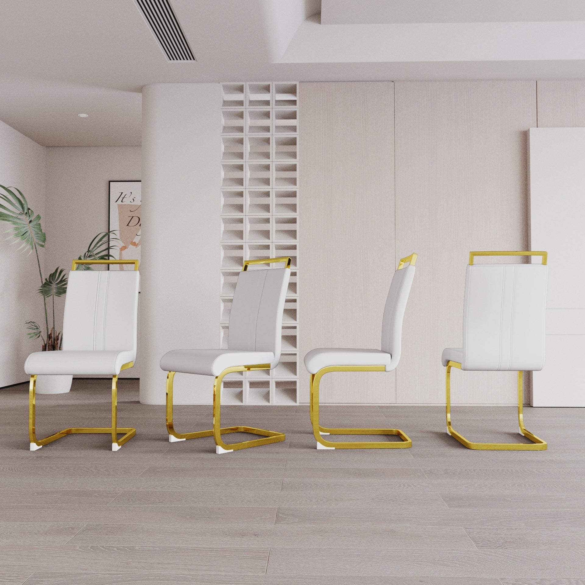 Modern Dining Chairs,PU Faux Leather High Back Upholstered Side Chair with C-shaped Tube. Plating Golden Metal Legs for Dining Room Kitchen Vanity Patio Club Guest Office Chair (Set of 4) (White+PU)