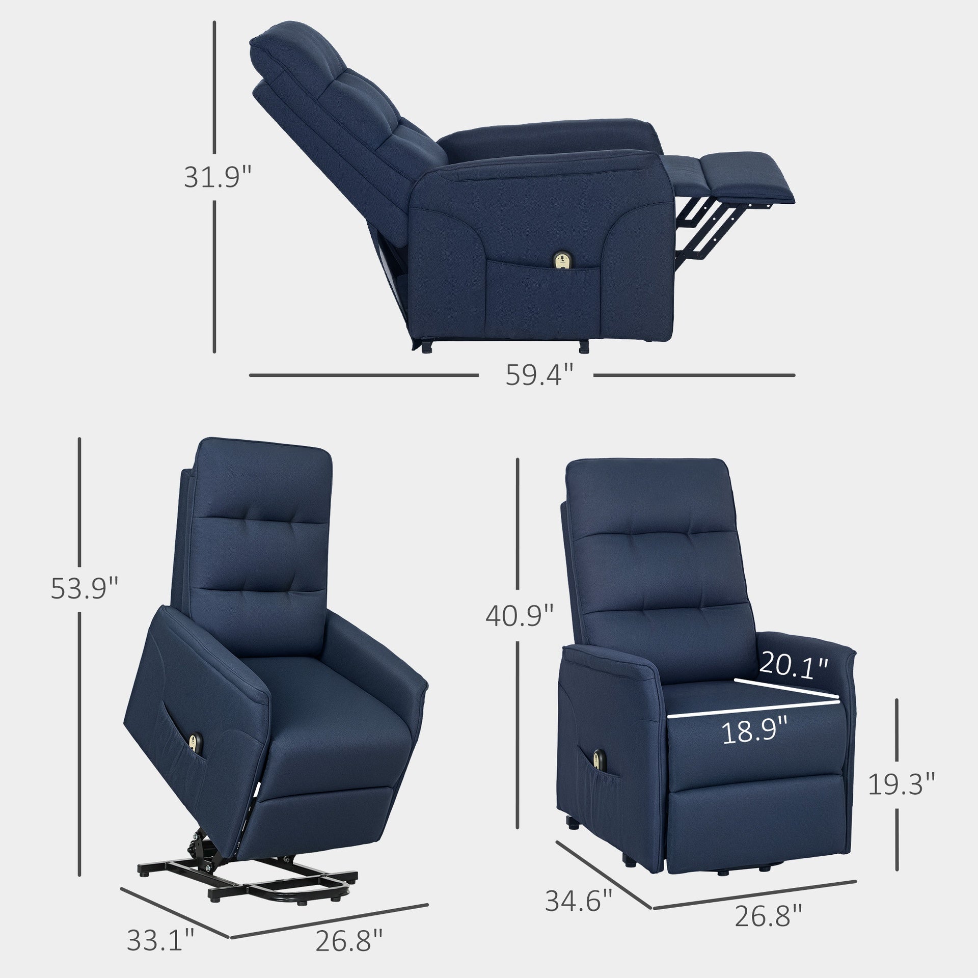 Fabric Recliner Sofa with Remote Control,Power Lift Chair, Side Pockets