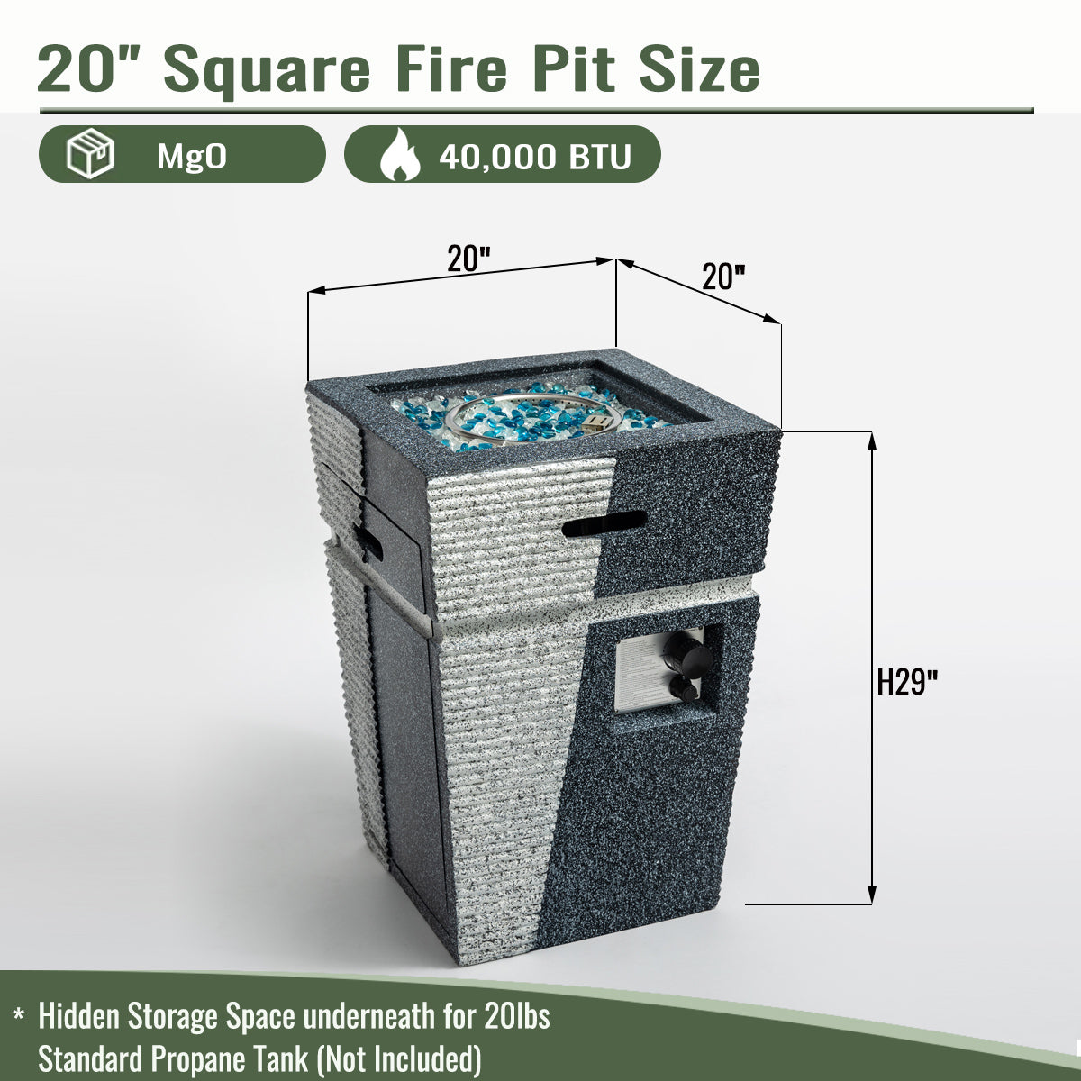20" Propane Gas Fire Pit Table, 40000 BTU Square Concrete Fire Pit for Outside Patio Deck Garden Backyard-Light Grey-Blue