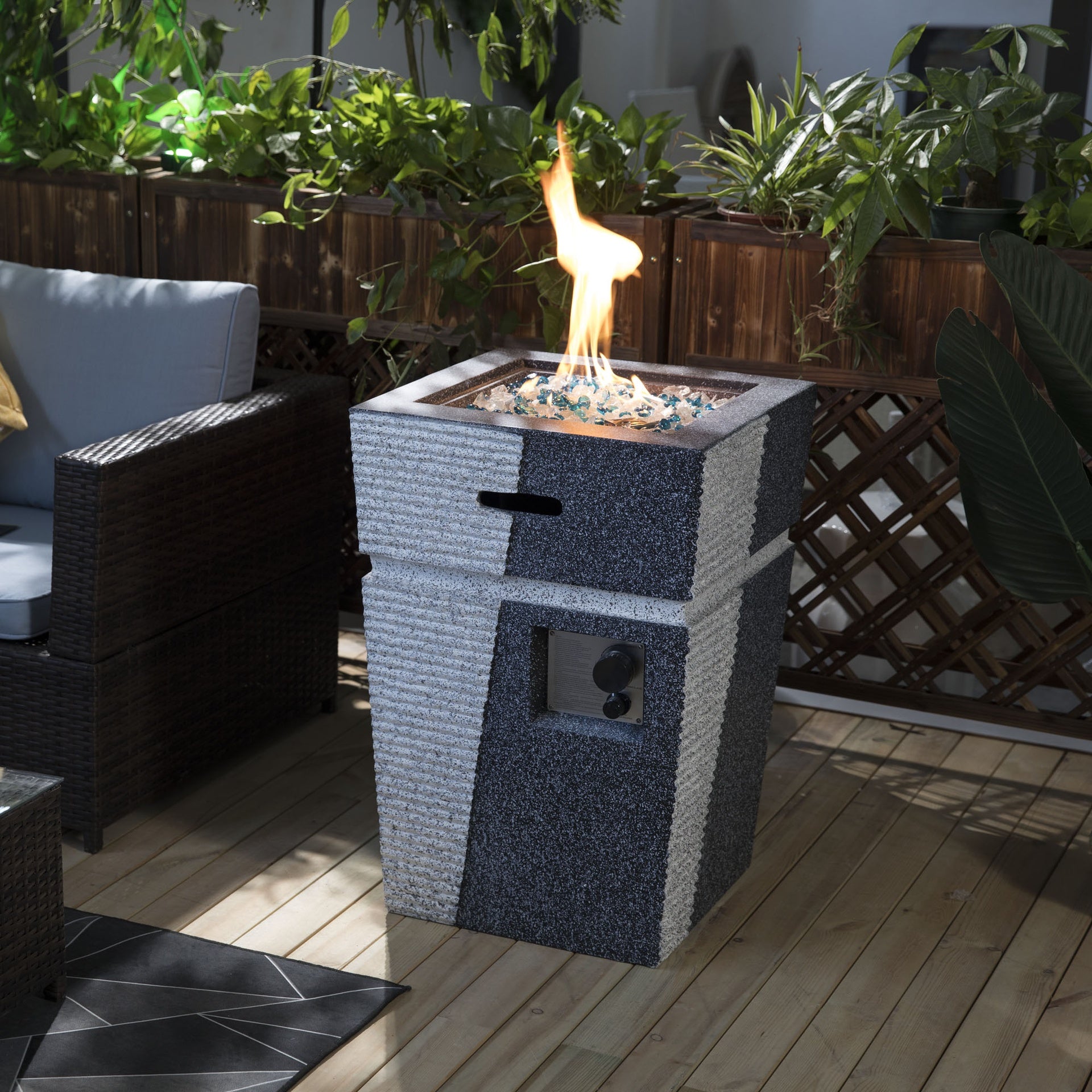 20" Propane Gas Fire Pit Table, 40000 BTU Square Concrete Fire Pit for Outside Patio Deck Garden Backyard-Light Grey-Blue