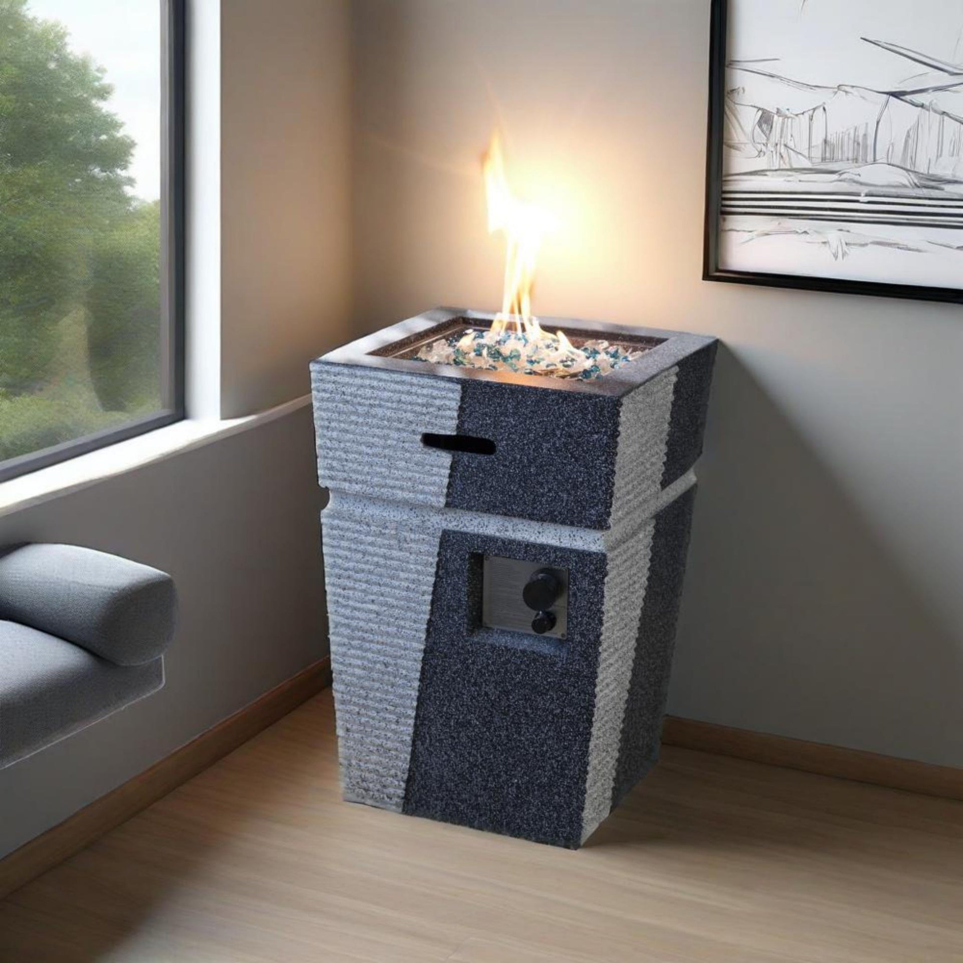 20" Propane Gas Fire Pit Table, 40000 BTU Square Concrete Fire Pit for Outside Patio Deck Garden Backyard-Light Grey-Blue