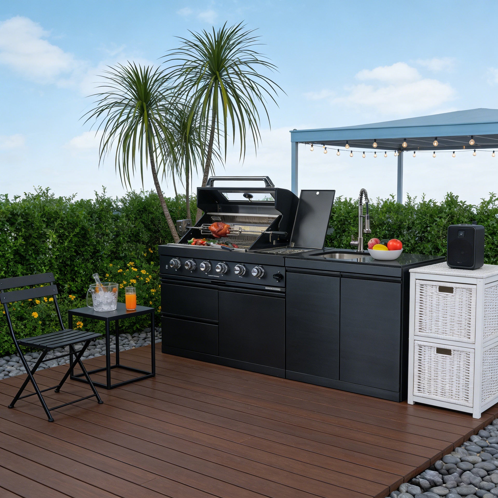 S00025 NG 46-Inch 4-Burner 72000 BTU Deluxe Stainless Steel Gas Outdoor Kitchen Bar Barbecue Island Grill + Round Side Burner + Rotisserie kit + Granite Countertops+Sink and faucet