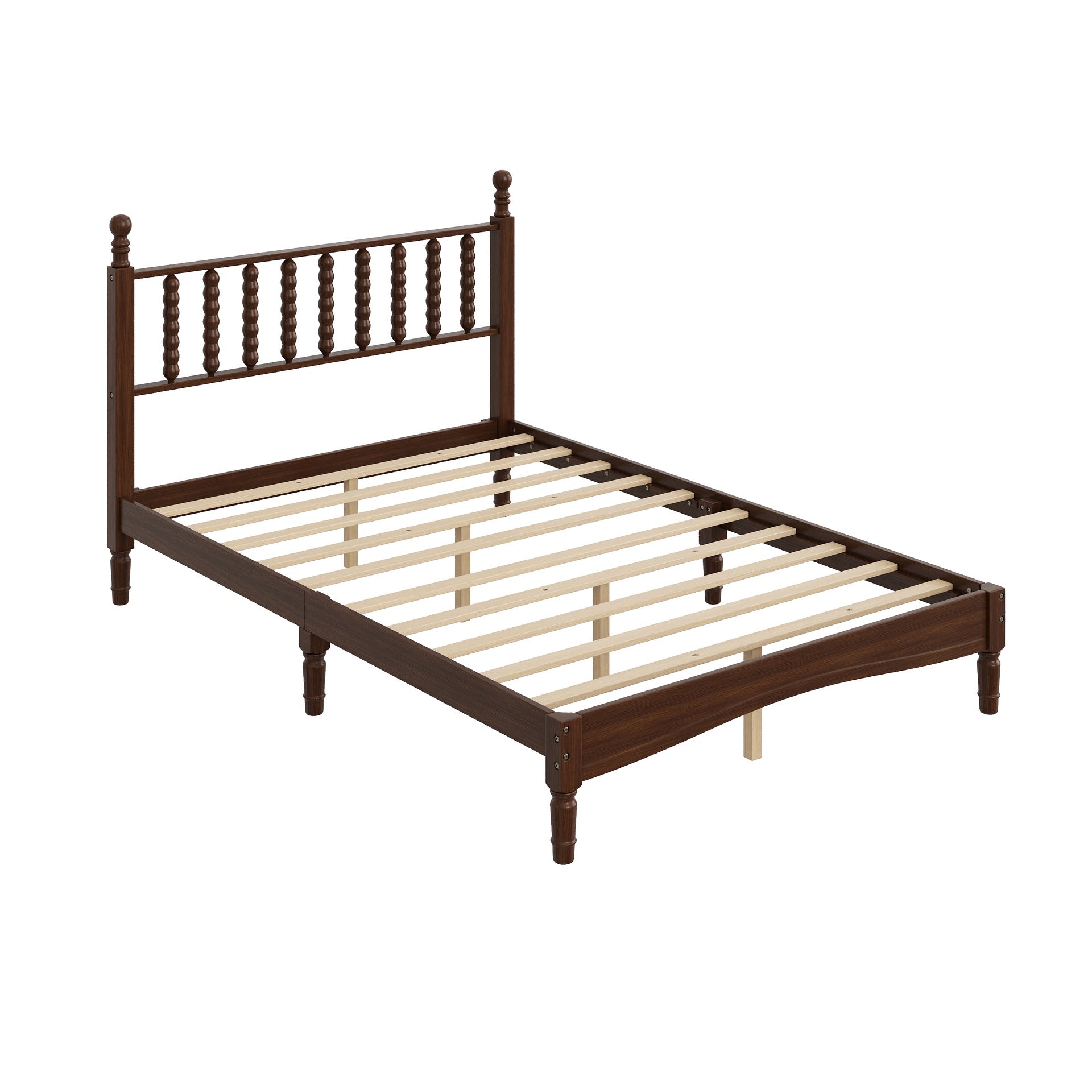 Full Size Wood Platform Bed with Gourd Shaped Headboard,Retro Style Platform Bed with Wooden Slat Support,Walnut