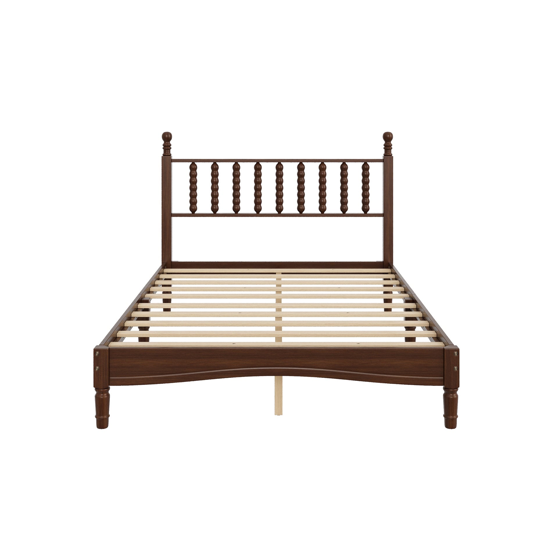 Full Size Wood Platform Bed with Gourd Shaped Headboard,Retro Style Platform Bed with Wooden Slat Support,Walnut