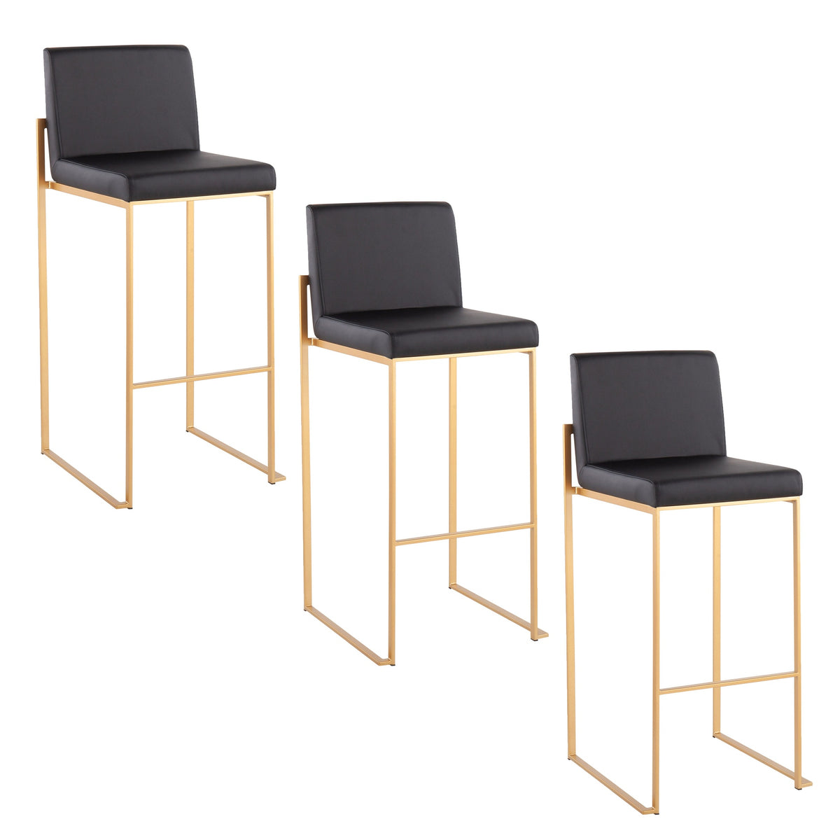 Fuji 30" Contemporary High Back Barstool in Gold Steel and Black Faux Leather by LumiSource - Set of 3