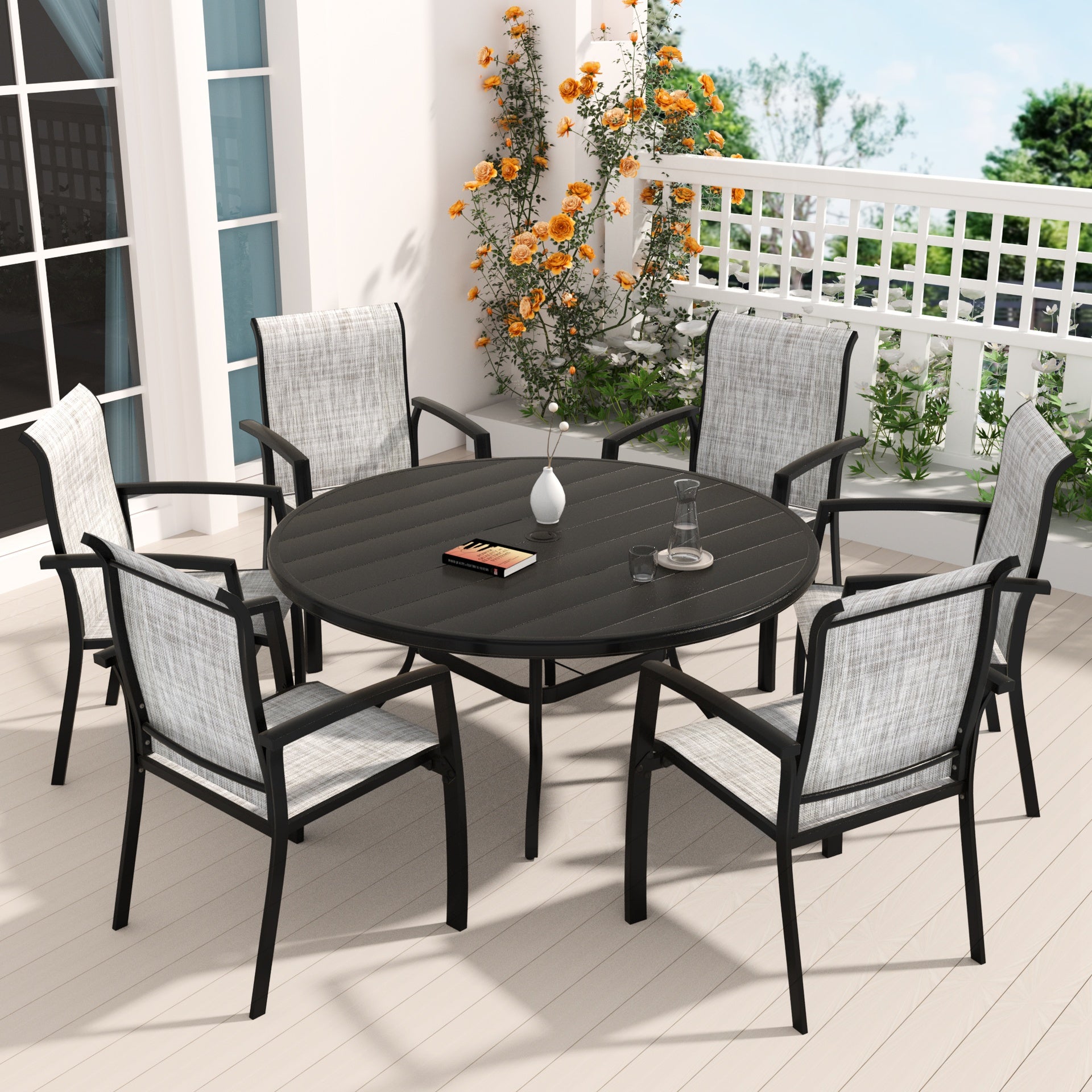 7 Pieces Patio Dining Set, Patio Furniture Set of 6 Patio Stackable Dining Chairs and 52.95" Outdoor Metal Round Table