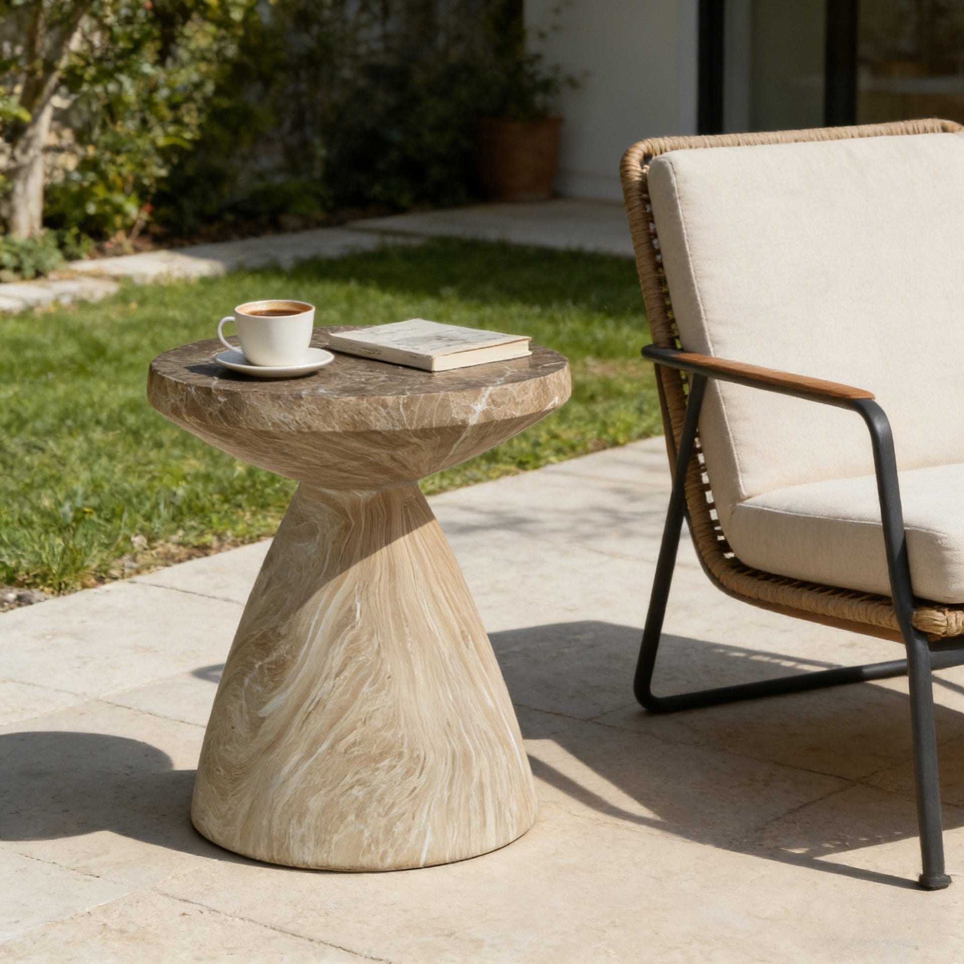 Cement Outdoor End Tables for Patio, GardenAccent Table Faux Terrazzo Accent Table, Modern Small Round Side Tablefor Outside, Tree Stump Garden Stool DrumTable indoor and Outdoor