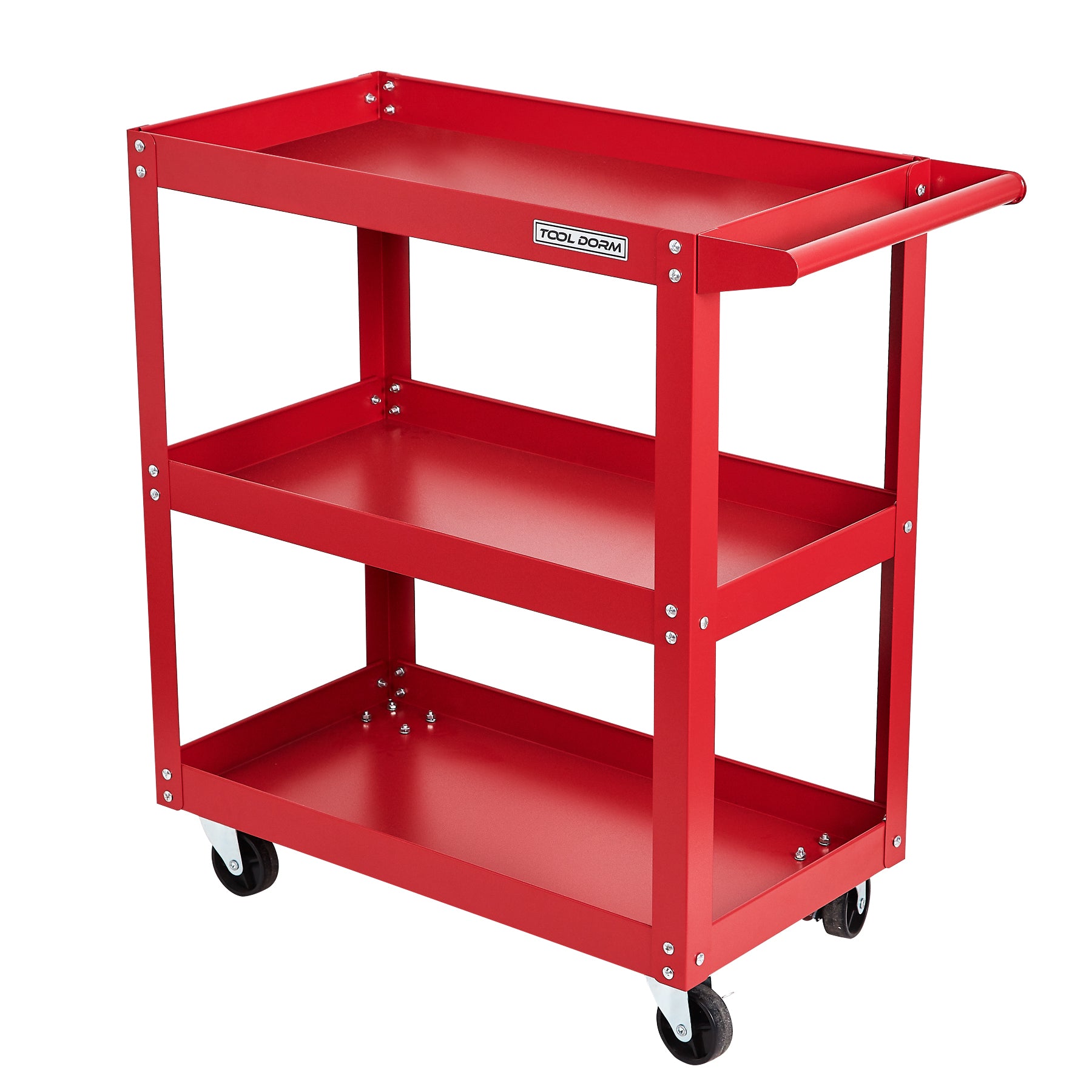Tool Dorm Utility Service Cart, 3 Shelf 200LBS Heavy Duty Steel Rolling Utility Cart, Medium Lipped Shelf, 360° Swivel Wheels, Ergonomic Storage Handle for Warehouse Garage, Red