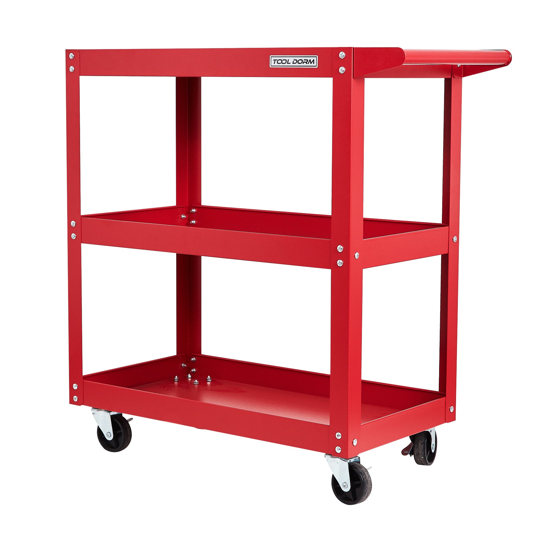 Tool Dorm Utility Service Cart, 3 Shelf 200LBS Heavy Duty Steel Rolling Utility Cart, Medium Lipped Shelf, 360° Swivel Wheels, Ergonomic Storage Handle for Warehouse Garage, Red