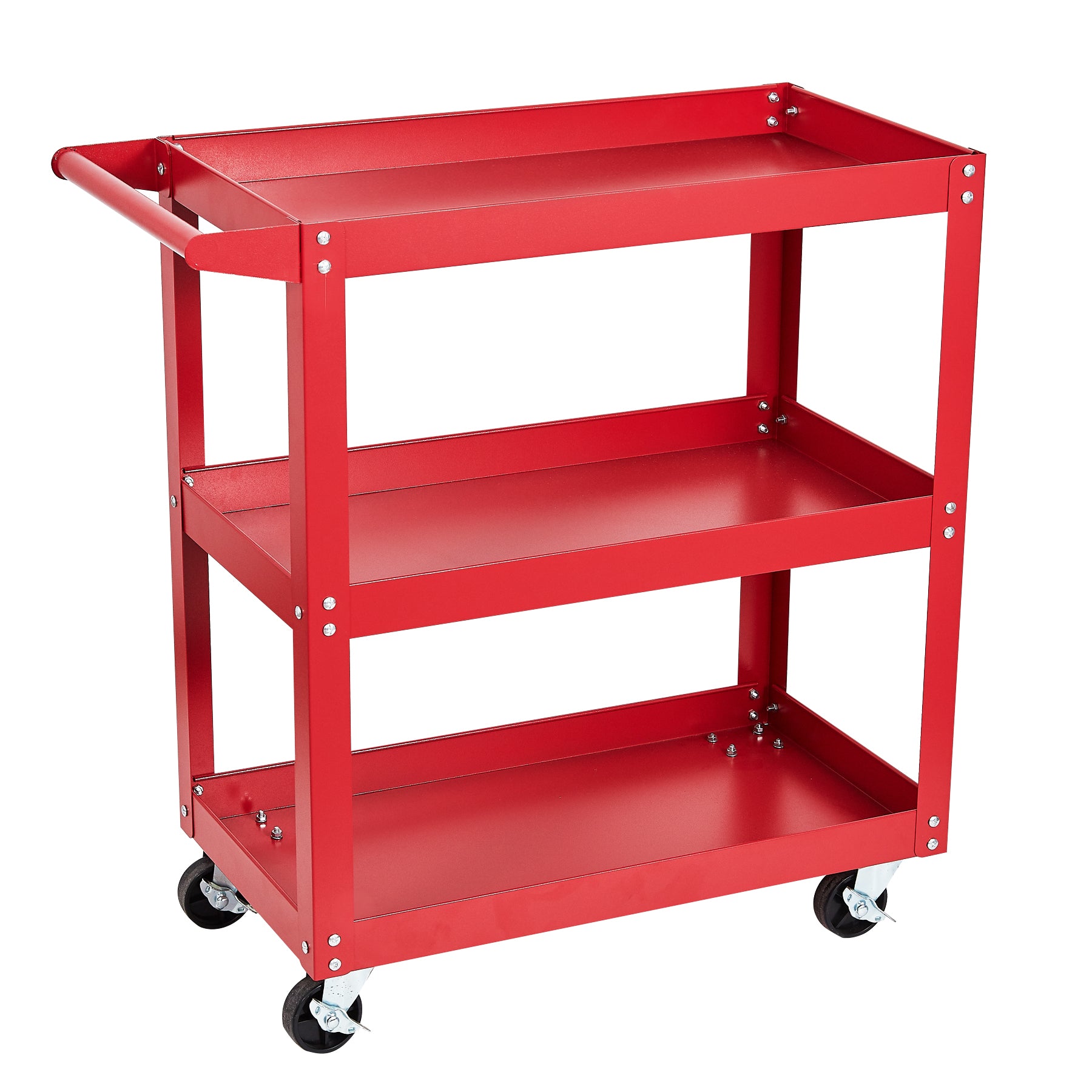 Tool Dorm Utility Service Cart, 3 Shelf 200LBS Heavy Duty Steel Rolling Utility Cart, Medium Lipped Shelf, 360° Swivel Wheels, Ergonomic Storage Handle for Warehouse Garage, Red