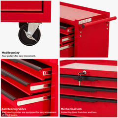 7-Drawer Rolling Tool Chest Cabinet, Large Capacity Metal  Tool Box with Wheels and Cylinder Locking, Roll Around Storage Organizer Tool Cart for Garage, Warehouse, Work Shop - Red