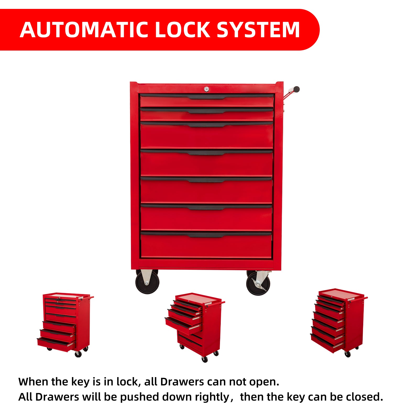 7-Drawer Rolling Tool Chest Cabinet, Large Capacity Metal  Tool Box with Wheels and Cylinder Locking, Roll Around Storage Organizer Tool Cart for Garage, Warehouse, Work Shop - Red