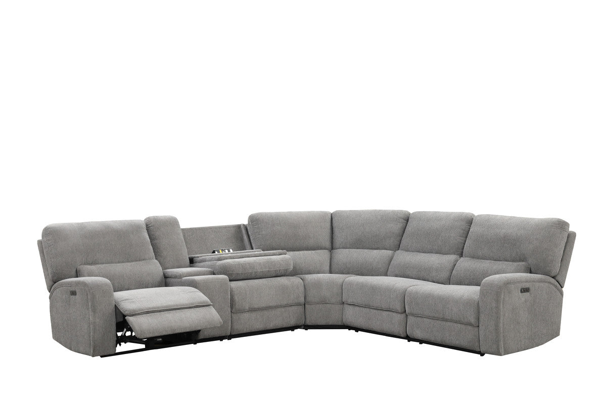 Anthony 114" Wide Light Gray Chenille Fabric Power Reclining Sectional with Power Headrest, Charging Ports, Storage, and Cupholders
