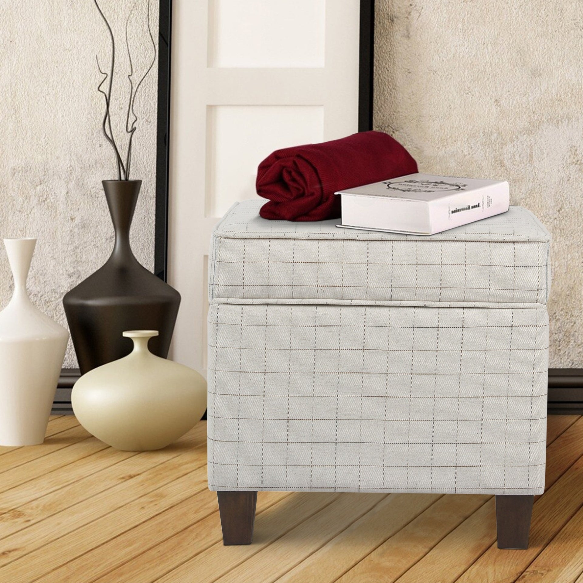 Wooden Square Ottoman with Grid Patterned Fabric Upholstery and Hidden Storage, Beige and Brown