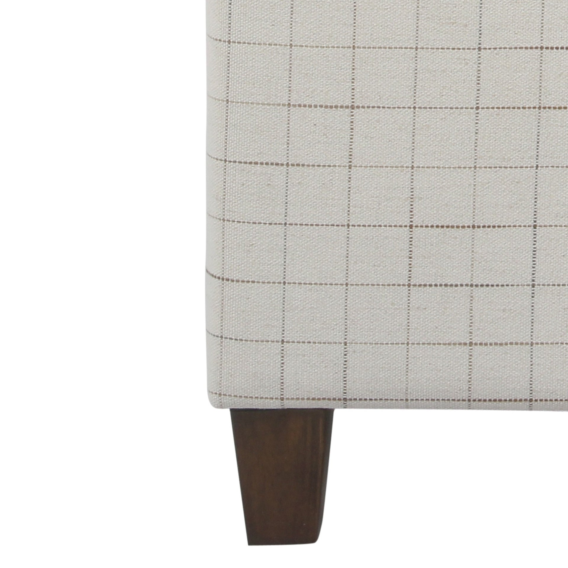 Wooden Square Ottoman with Grid Patterned Fabric Upholstery and Hidden Storage, Beige and Brown