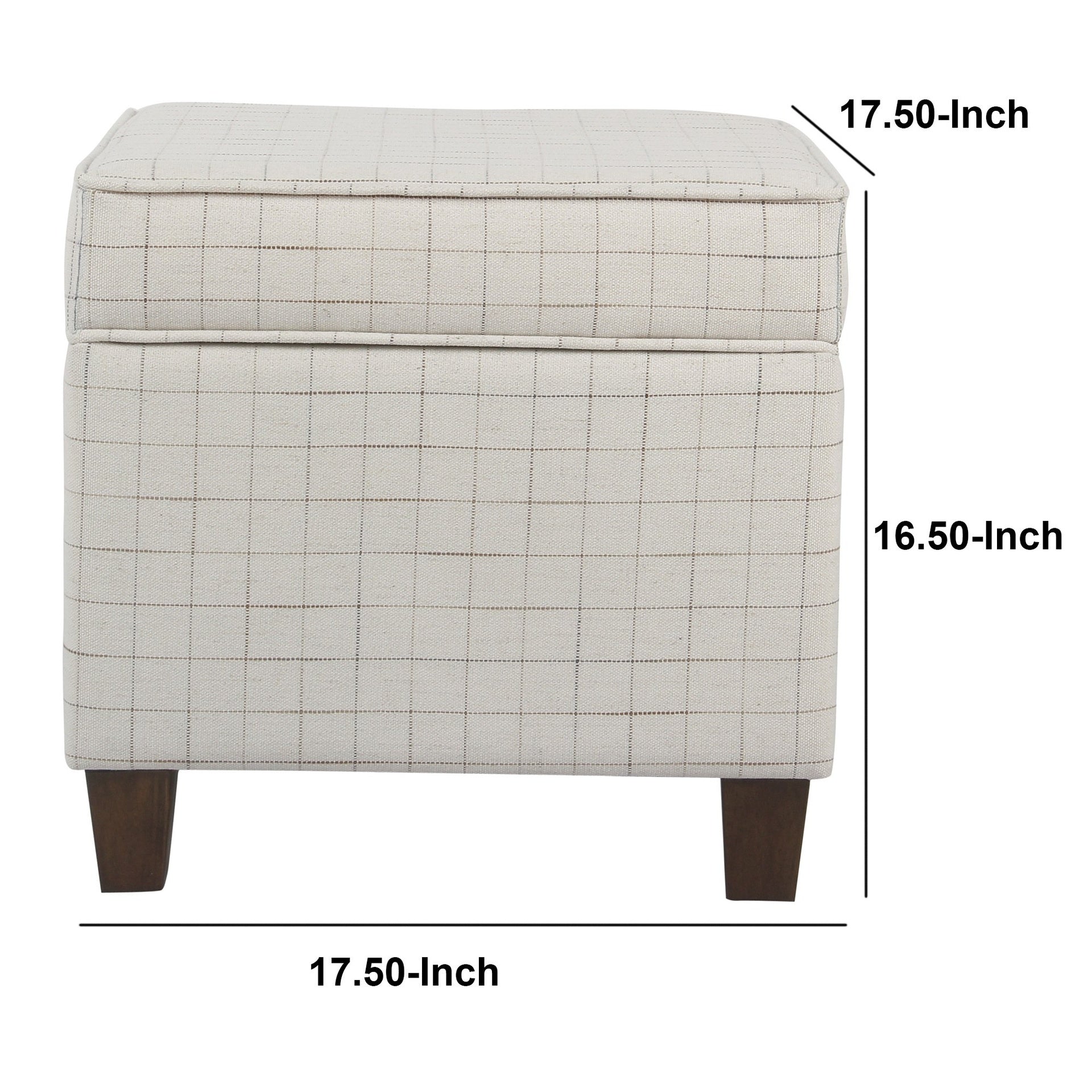 Wooden Square Ottoman with Grid Patterned Fabric Upholstery and Hidden Storage, Beige and Brown