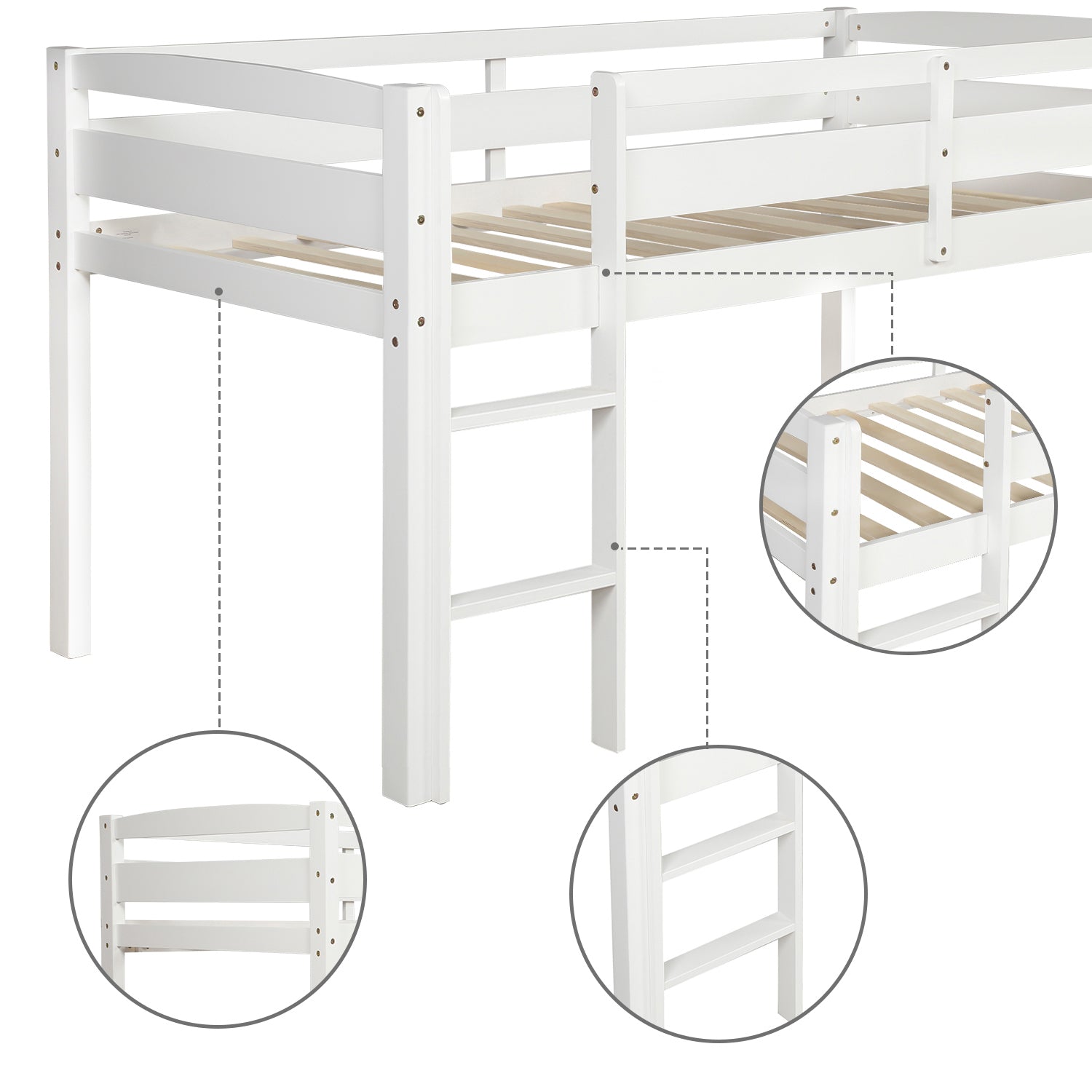 Twin Wood Loft Bed Low Loft Beds with Ladder,Twin,White