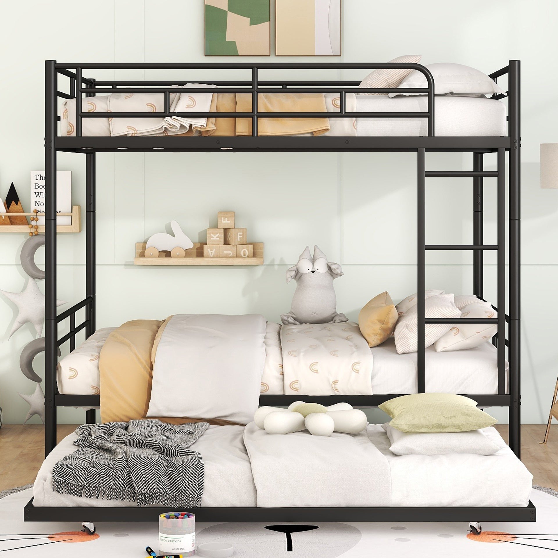 Full Over Full Metal Bunk Bed with Trundle, Black