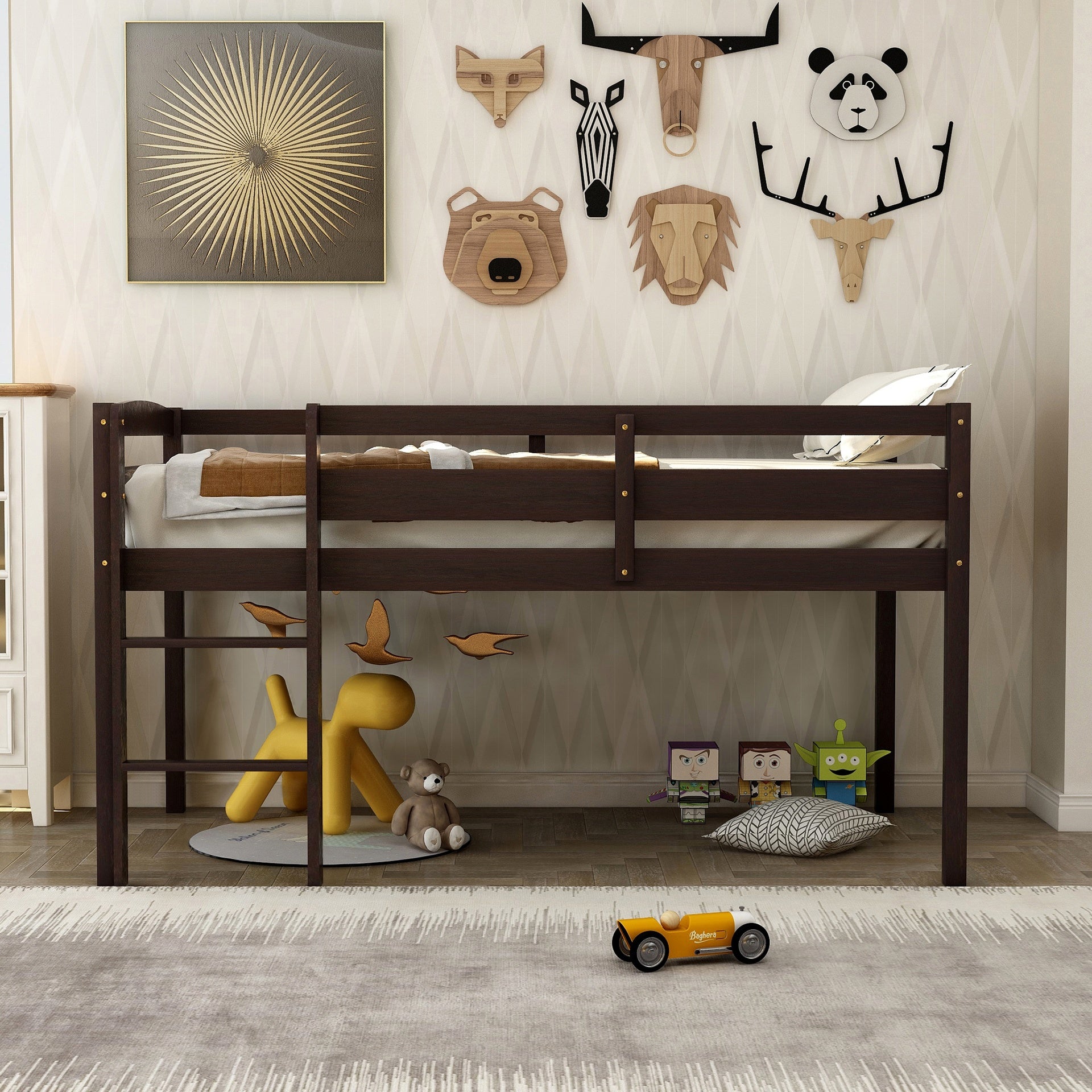 Twin Wood Loft Bed Low Loft Beds with Ladder,Twin,Espresso(OLD SKU :WF286816AAP)